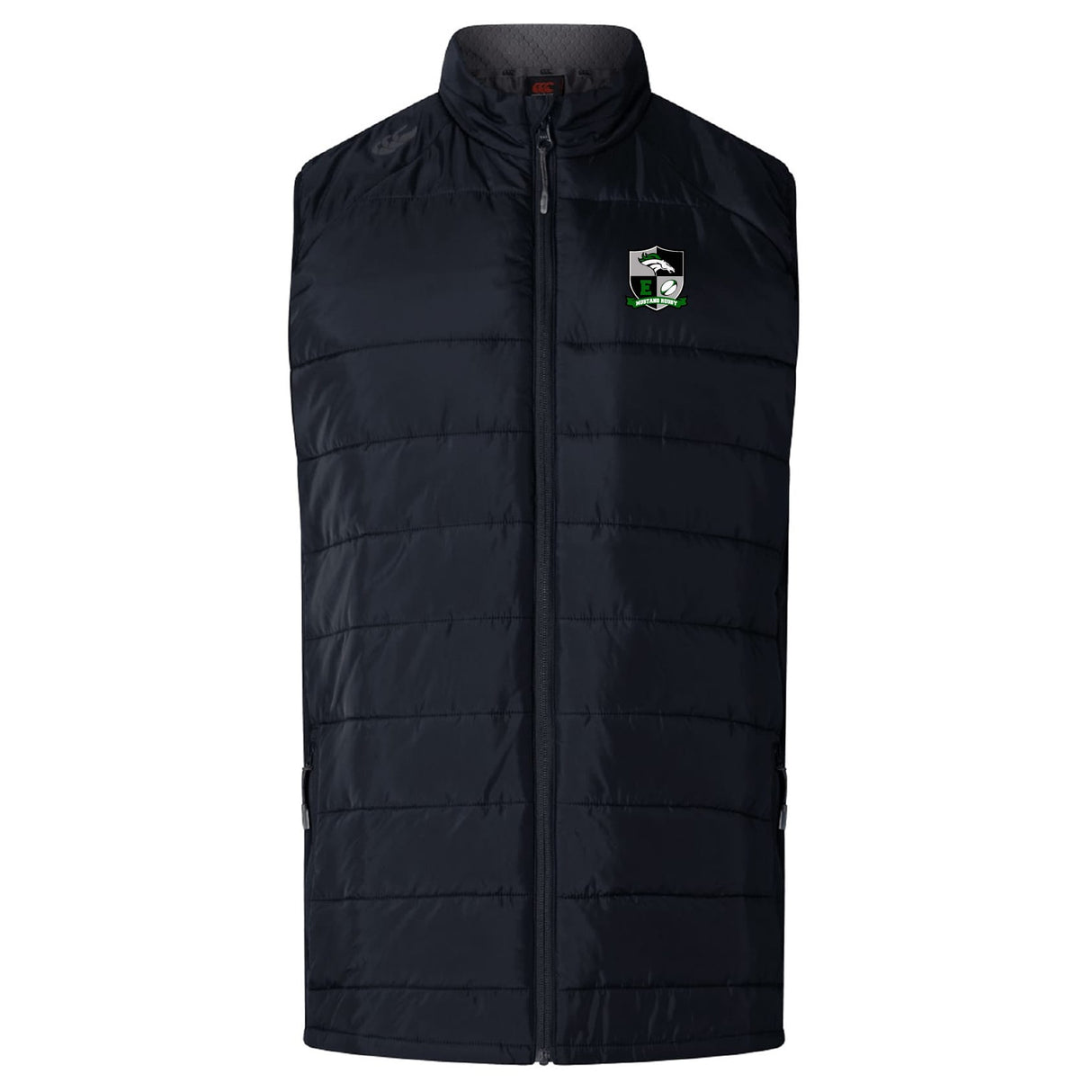 The EMB Canterbury Eagle High Mustangs Women's Elite Microlite Gilet features insulated baffles, front zipper, two side pockets, and a small green and white chest logo, inspired by the Women's Elite Gilet for stylish warmth.