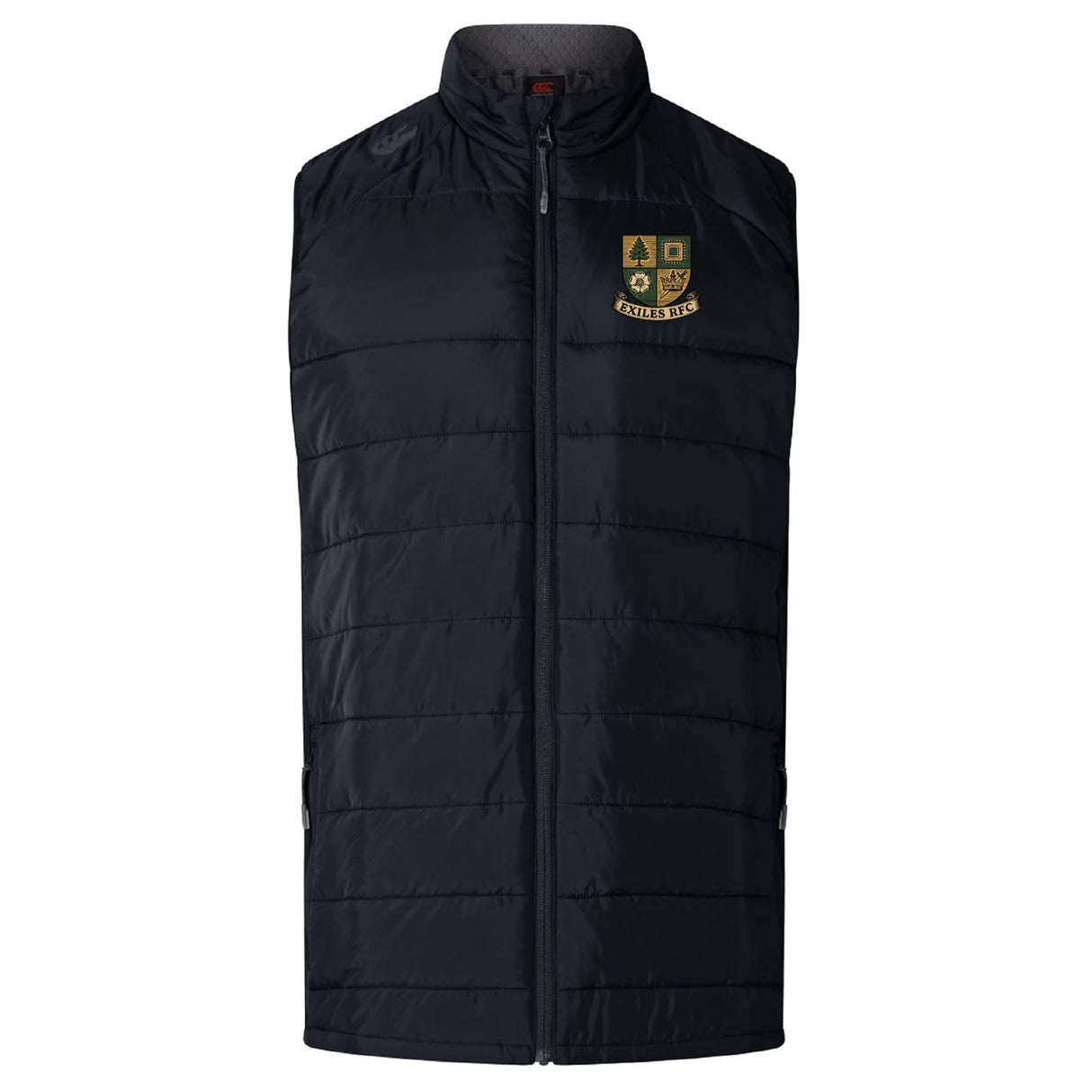 The Exiles Rugby Football Club Elite Microlite Gilet by EMB Canterbury is a black quilted insulated gilet with a front zipper and an embroidered green and gold crest on the left chest, combining style and comfort.