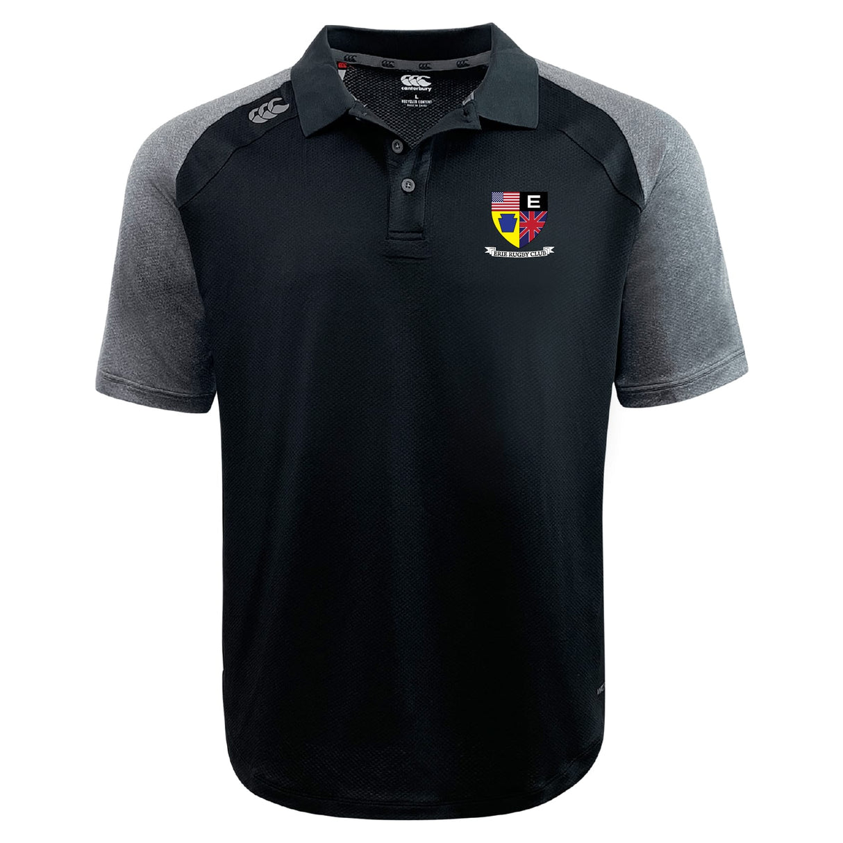 The Erie Rugby Club Elite Polo by EMB Canterbury features black and gray Vapodri fabric, a buttoned collar, a multi-colored crest logo on the left chest, and a small logo on the right shoulder.