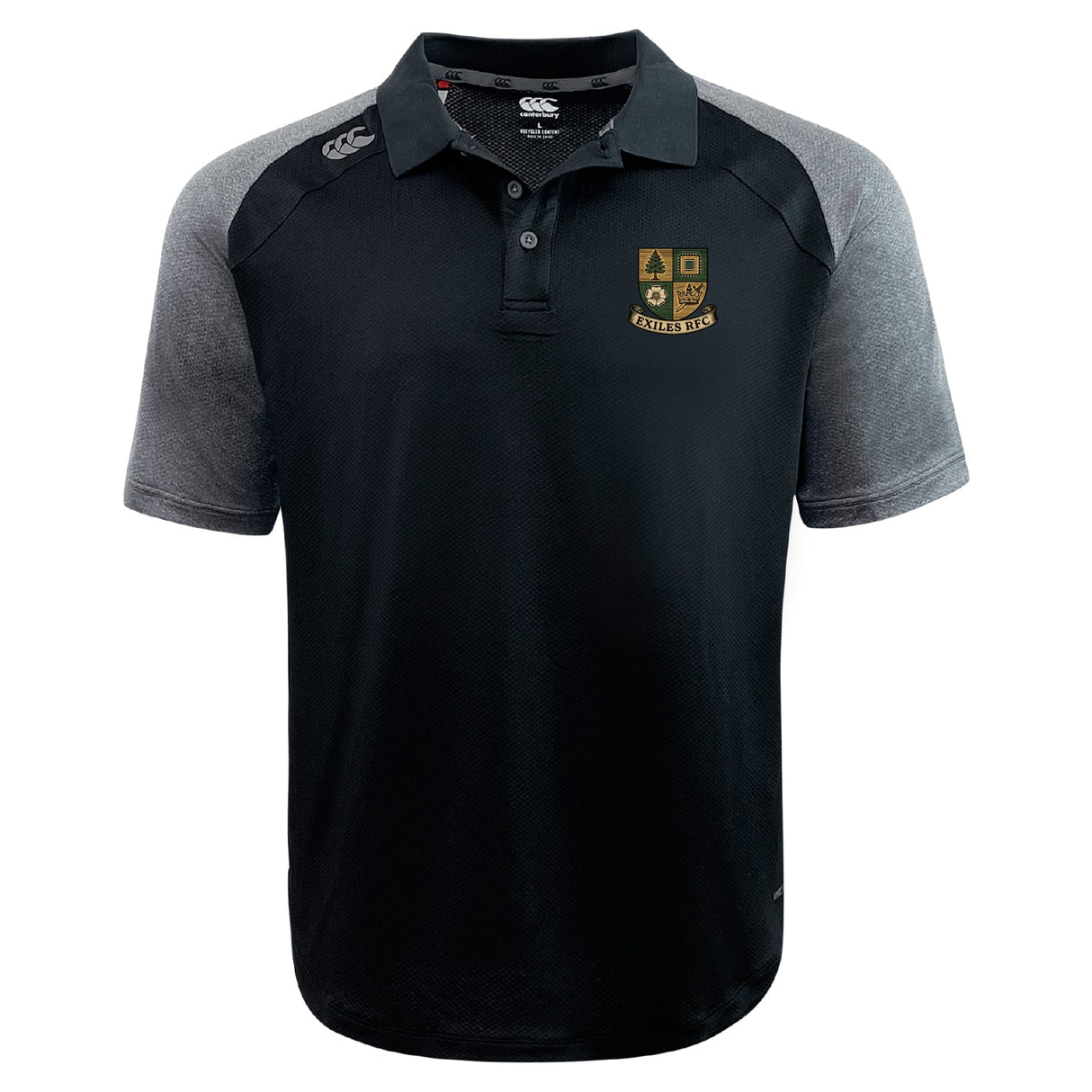 The EMB Canterbury Exiles Rugby Football Club Elite Polo features a black and gray design, short sleeves, collar, button placket, and left chest crest logo. Made from lightweight Vapodri fabric for comfort and performance.
