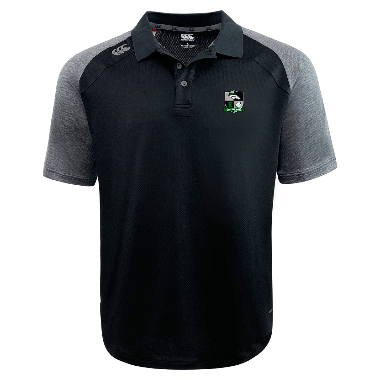 The EMB Canterbury Eagle High Mustangs Elite Polo features a black body, gray sleeves, three-button collar, Vapodri comfort fabric, a green and white chest crest, and the Canterbury logo on the shoulder.