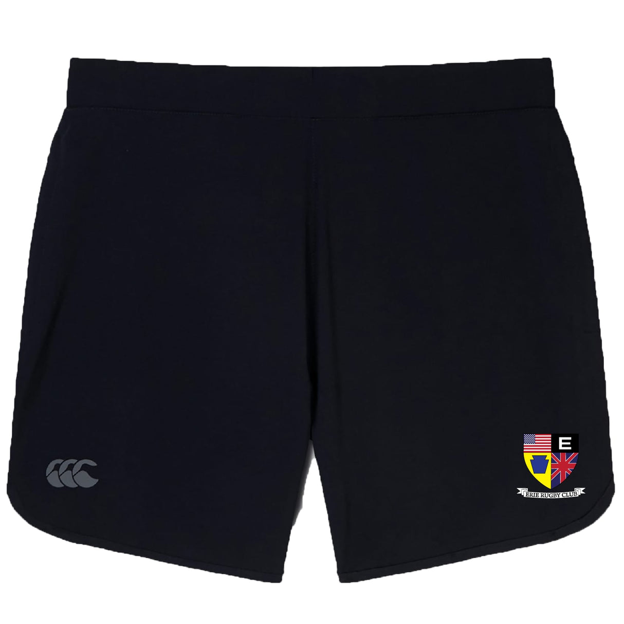 The Erie Rugby Club Elite Woven Short by EMB Canterbury features a small crest on the lower right leg, a light gray CCC logo on the lower left, and secure zippered pockets—perfect for training sessions.