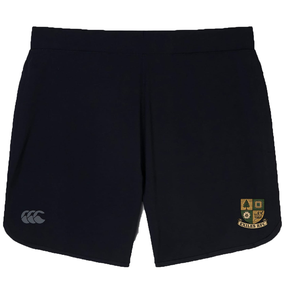 The Exiles Rugby Football Club Elite Woven Short by EMB Canterbury features a small Exiles RFC crest on the right leg and a grey CCC logo on the left—ideal black gym shorts for any workout.