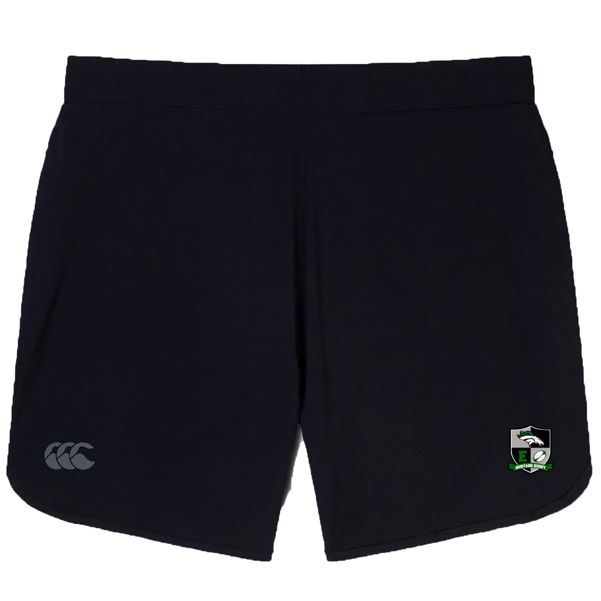 The Eagle High Mustangs Elite Woven Short by EMB Canterbury features a small logo on the left leg, a bold bird emblem on the right, and convenient zippered pockets to securely store your essentials during training.