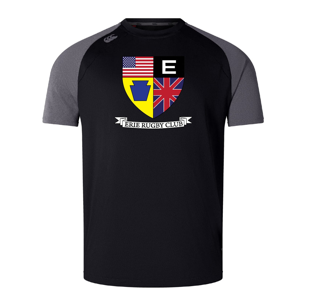 The Erie Rugby Club Elite Training Tee by WRS Canterbury is a black and gray short-sleeve rugby shirt with US, UK, and Pennsylvania flag crest, "E" logo, "Erie Rugby Club" banner, and crafted from performance Vapodri fabric.