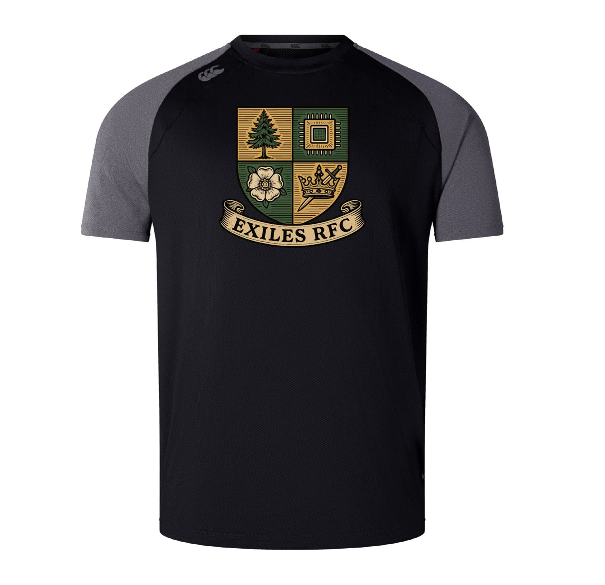 The Exiles Rugby Football Club Elite Training Tee by WRS Canterbury is a black and grey short-sleeve Vapodri shirt, lightweight and durable, featuring a four-part crest and "EXILES RFC" banner, inspired by the Canterbury Elite Training Tee.