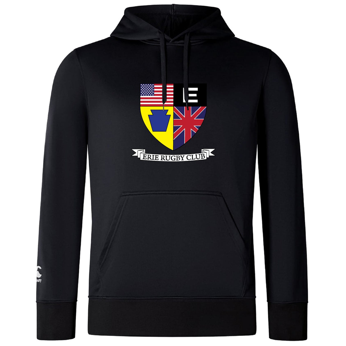 The Erie Rugby Club Club Lightweight Hoodie by WRS Canterbury is a black, lightweight hoodie with a kangaroo pocket and a multi-flag crest above "ERIE RUGBY CLUB," inspired by classic Canterbury designs.