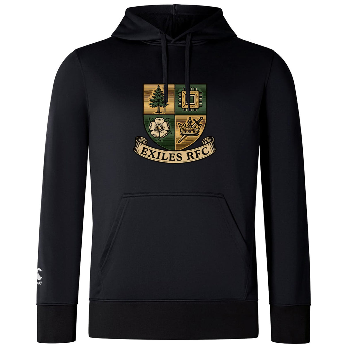 The Exiles Rugby Football Club Lightweight Hoodie by WRS Canterbury features the Exiles RFC crest with tree, castle, flower, and crown above a "EXILES RFC" banner on the chest, plus a kangaroo pocket.