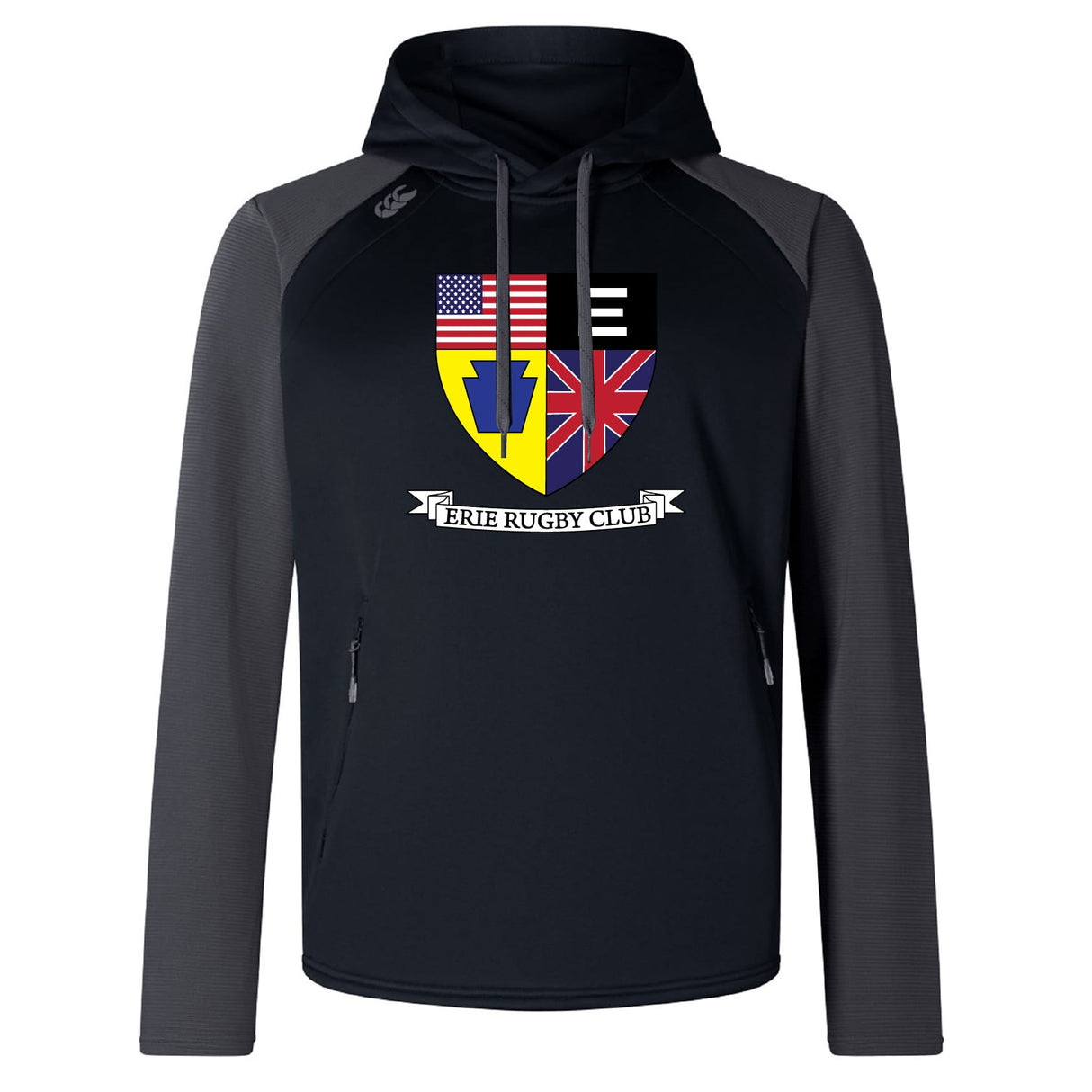 The Erie Rugby Club Elite Training Hoody by WRS Canterbury is a black and gray performance hoodie with a crest displaying American, German, and British flags above "ERIE RUGBY CLUB" text.