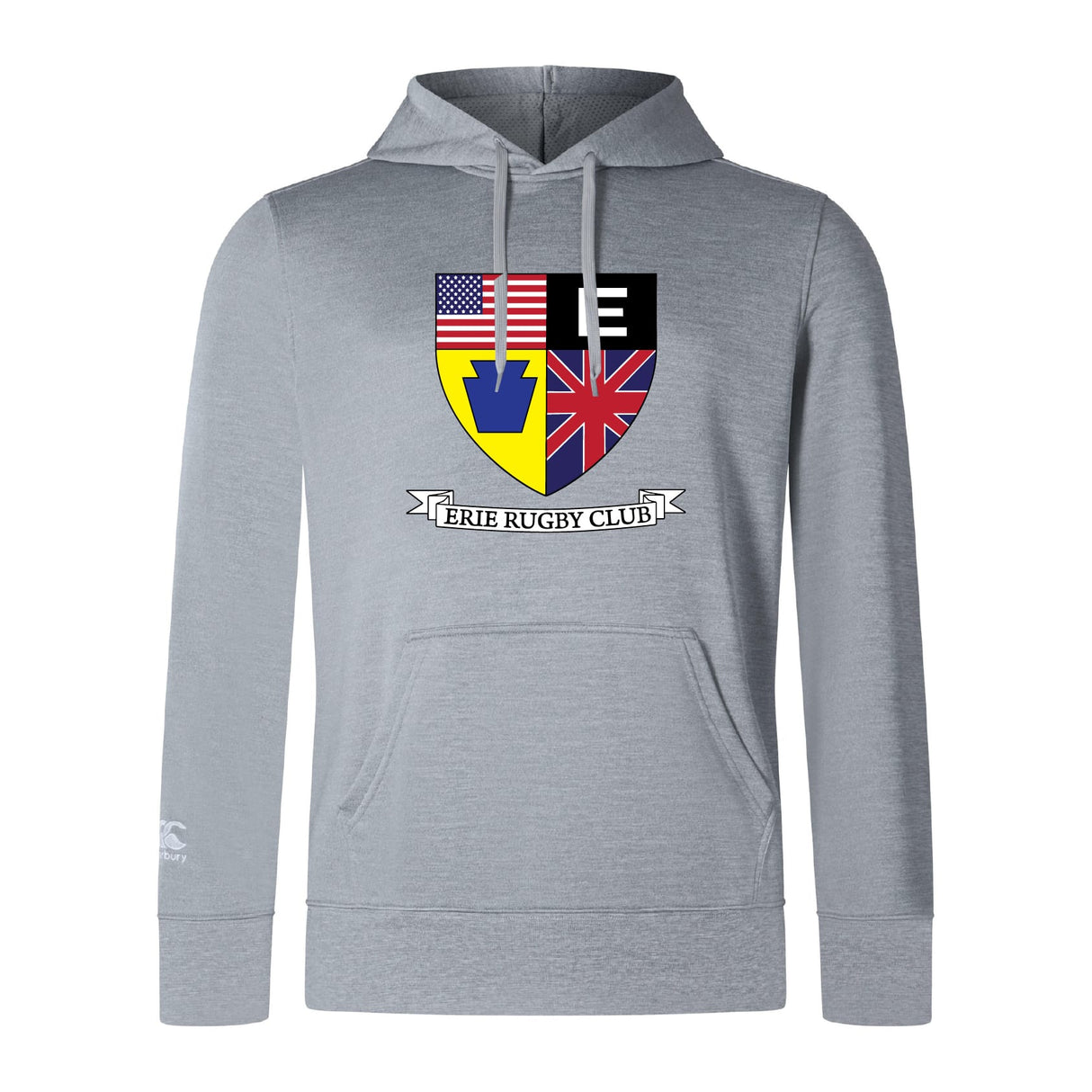 The Erie Rugby Club Lightweight Hoodie by Canterbury from WRS Canterbury is light gray, featuring a multi-color club crest with American, British, and Pennsylvania symbols on the chest and a classic kangaroo pocket.