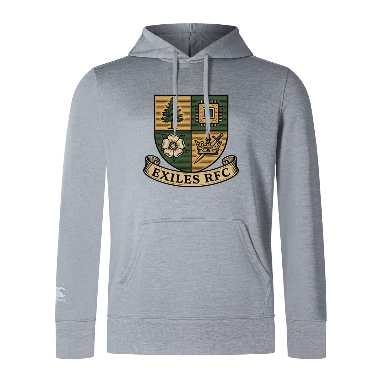The Exiles Rugby Football Club Club Lightweight Hoodie by WRS Canterbury features a light gray design, multicolored "EXILES RFC" crest with symbols, and a front kangaroo pocket.