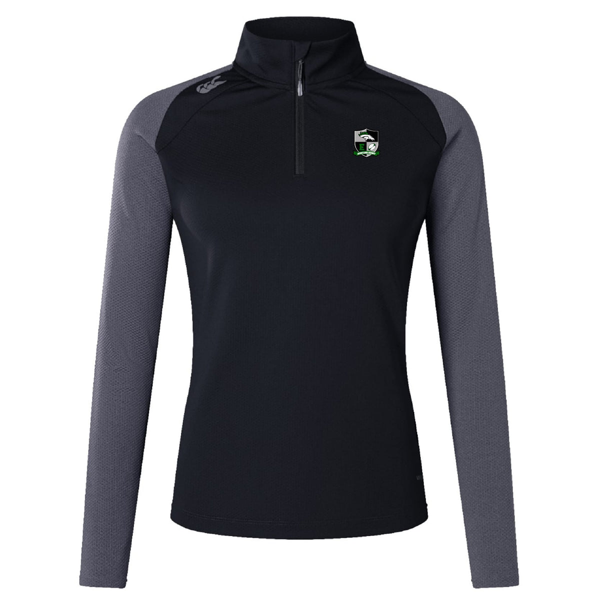 The Eagle High Mustangs Women's Elite First Layer by EMB Canterbury is a black and grey long-sleeve top with quarter-zip and dual chest logos, featuring VapoDri technology for advanced moisture wicking during workouts.