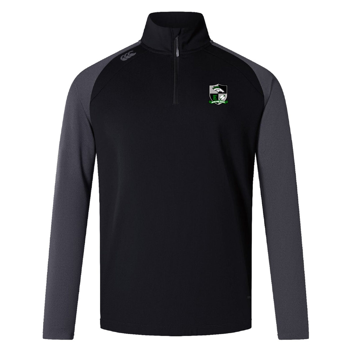 The EMB Canterbury Eagle High Mustangs Elite First Layer features a black quarter-zip design, grey long sleeves, VapoDri moisture control, and an embroidered team logo—ideal as a rugby training top.