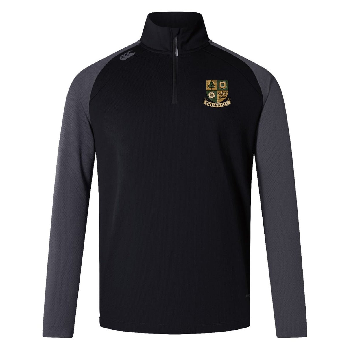 A black and dark gray EMB Canterbury Exiles Rugby Football Club Elite First Layer quarter-zip pullover featuring VapoDri technology and a crest with green and gold details on the left chest.