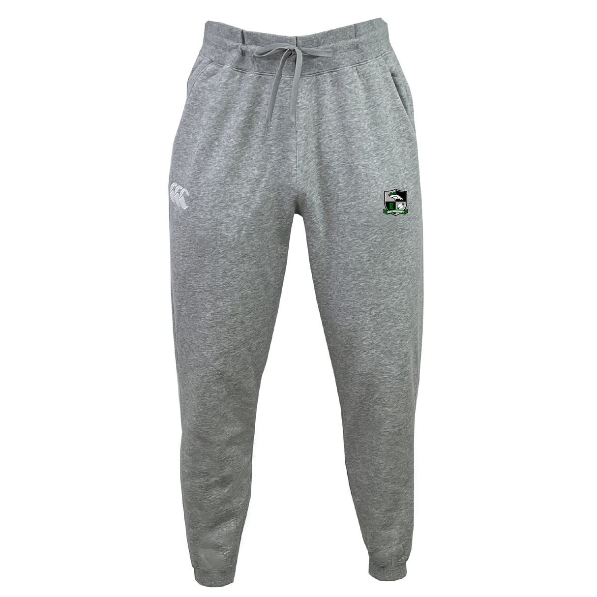 The Eagle High Mustangs Leisure Sweatpant by EMB Canterbury features a gray sustainable fleece, elastic waistband with drawstring, white logo on the left thigh, small emblem on the right thigh, and is shown against a white background.