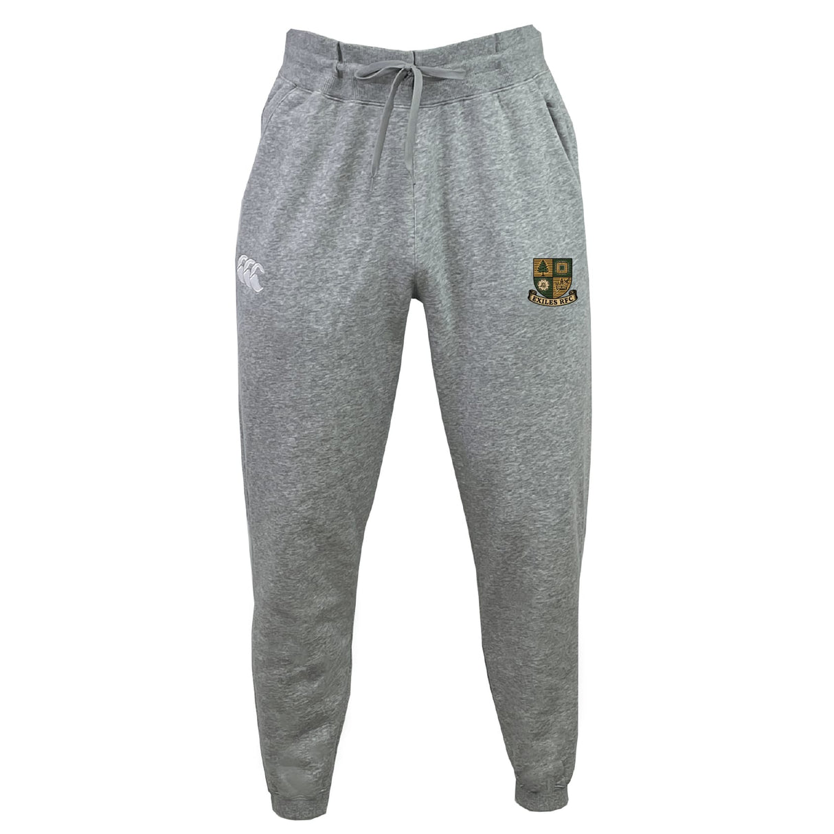 The Exiles Rugby Football Club Leisure Sweatpant by EMB Canterbury features a drawstring waist, is made with recycled polyester, and has a white logo on the left thigh plus a crest emblem on the right thigh.