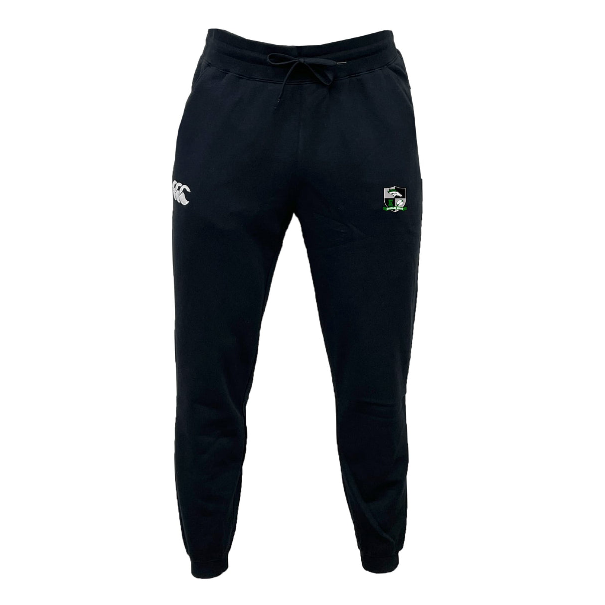 The Eagle High Mustangs Leisure Sweatpant by EMB Canterbury features a drawstring waist and embroidered logos on both thighs, combining comfort and style as athletic jogger pants.