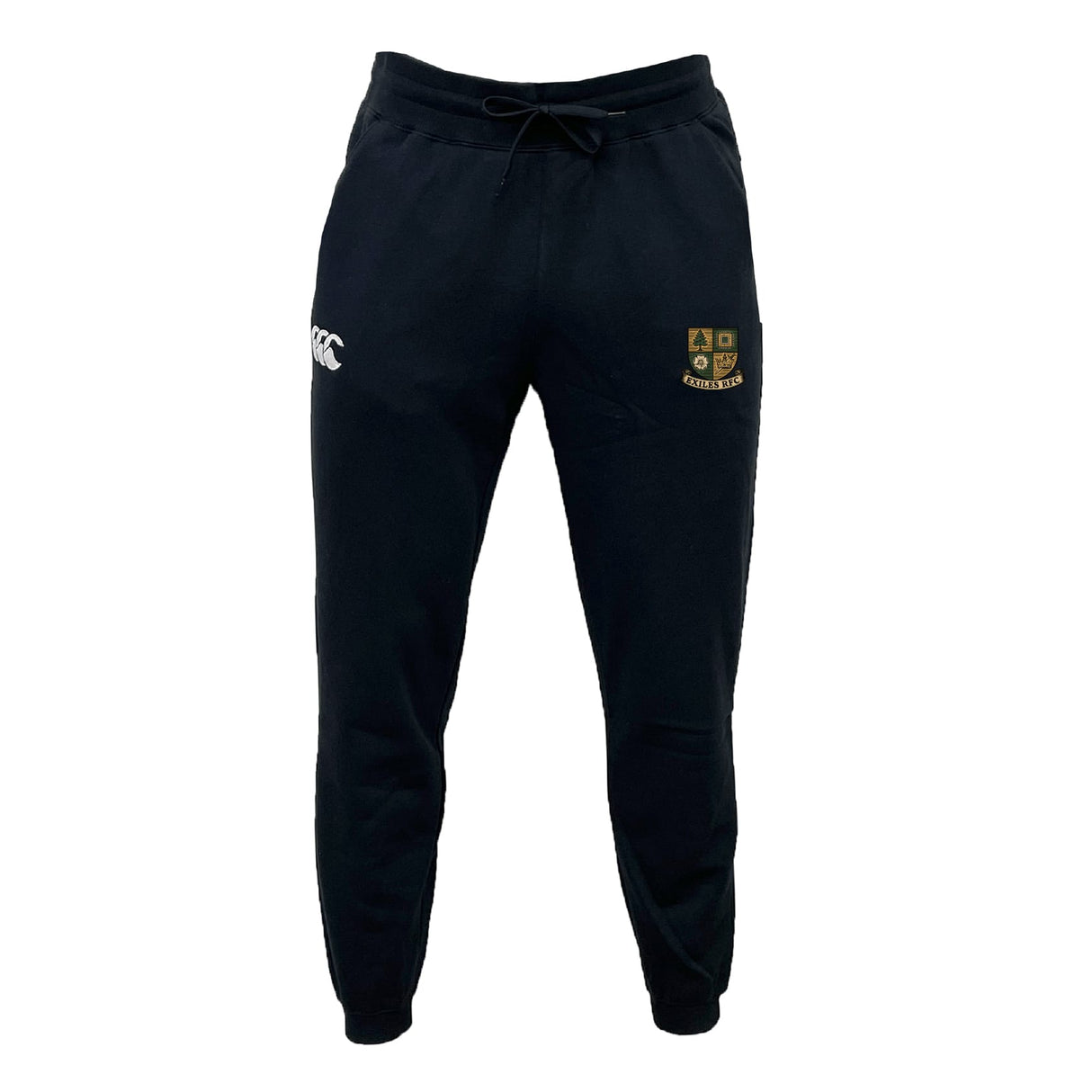 The Exiles Rugby Football Club Leisure Sweatpant by EMB Canterbury features a drawstring waist, CCC logo on the left thigh, embroidered crest on the right, and is made from soft organic cotton for comfort and style.