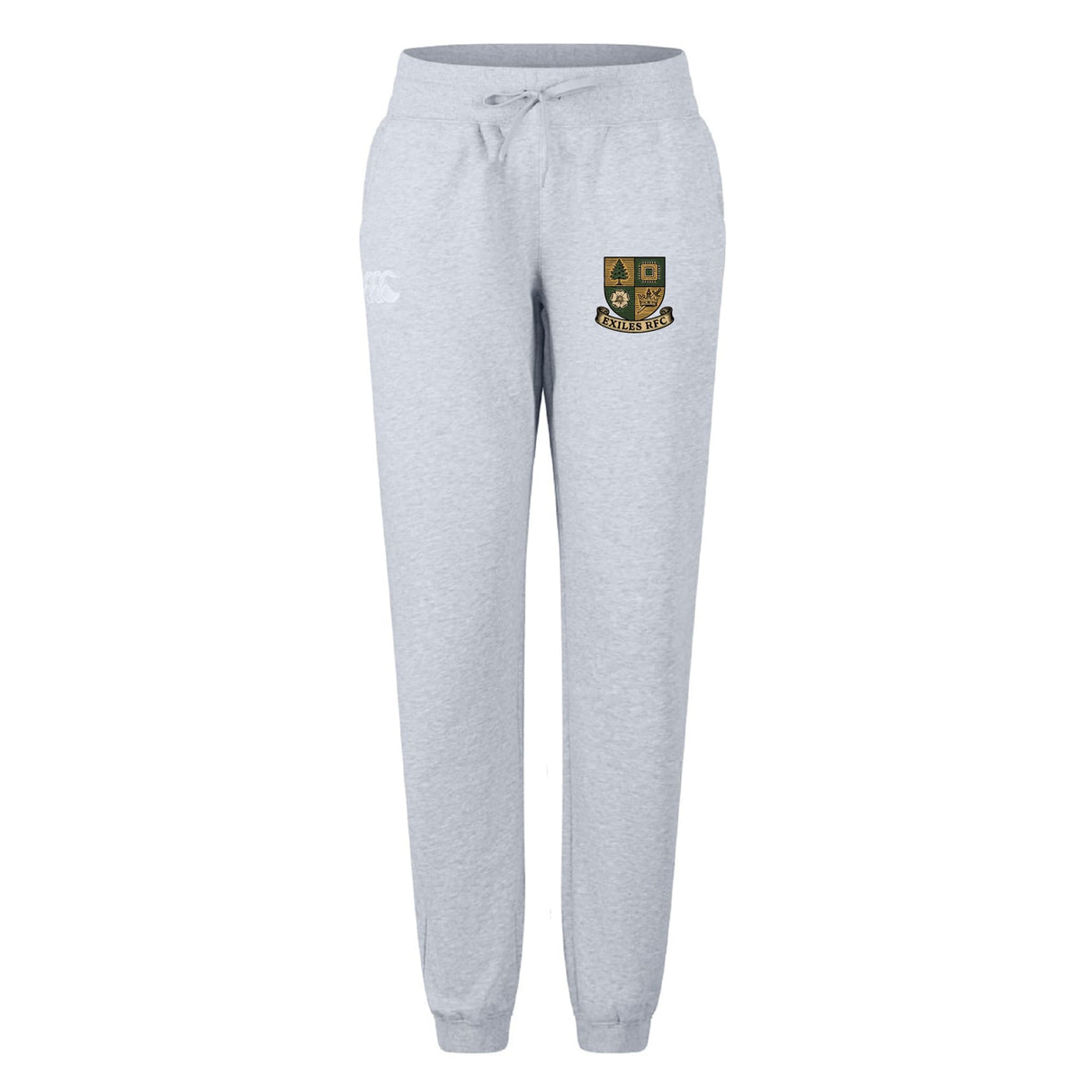 The EMB Canterbury Exiles Rugby Football Club Women's Leisure Sweatpant features light grey organic cotton, a drawstring waist, elastic cuffs, and a multicolored embroidered crest on the left thigh.