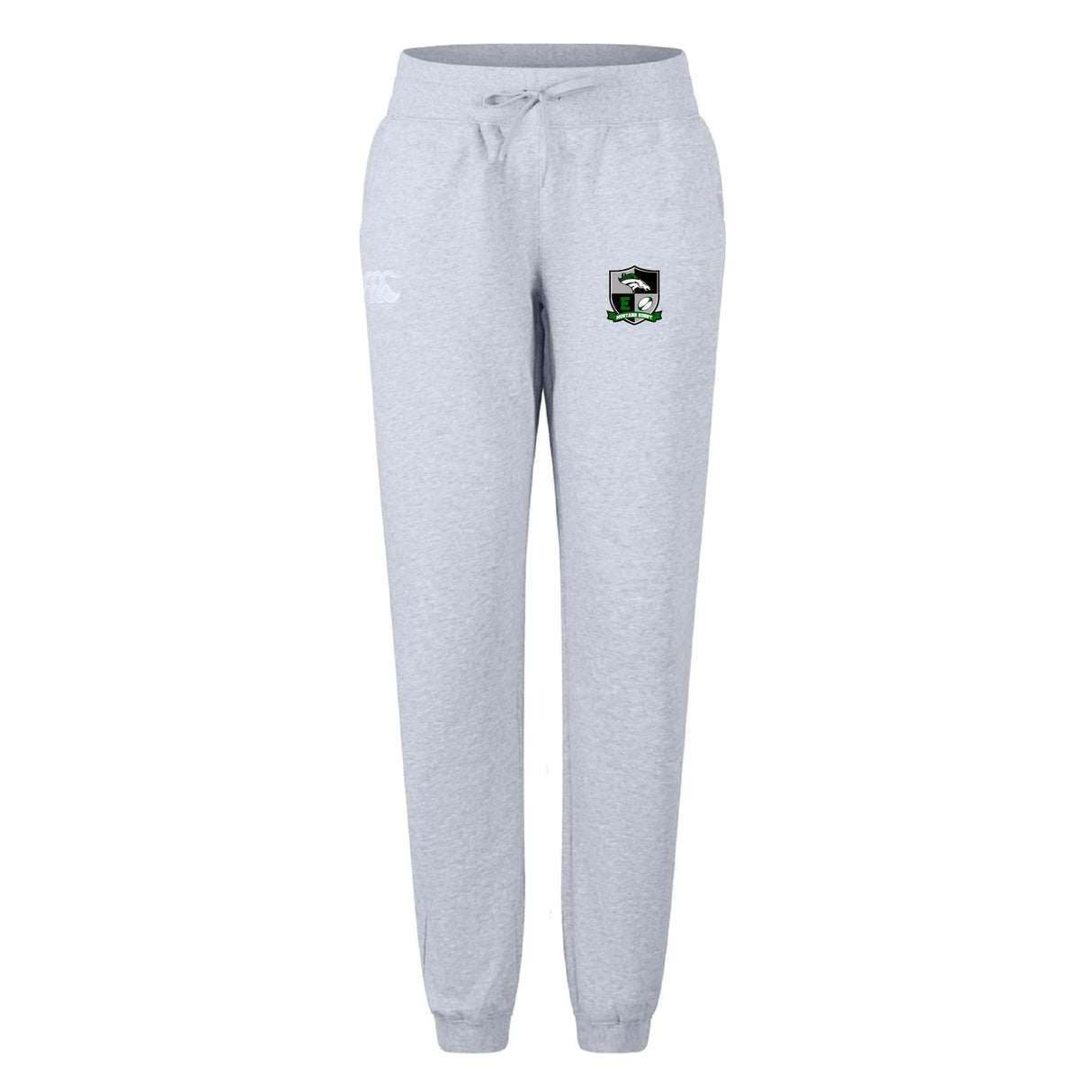 The Eagle High Mustangs Women's Leisure Sweatpant by EMB Canterbury features light gray organic cotton, an elastic waistband with drawstring, and a small embroidered crest logo on the left thigh for casual comfort.