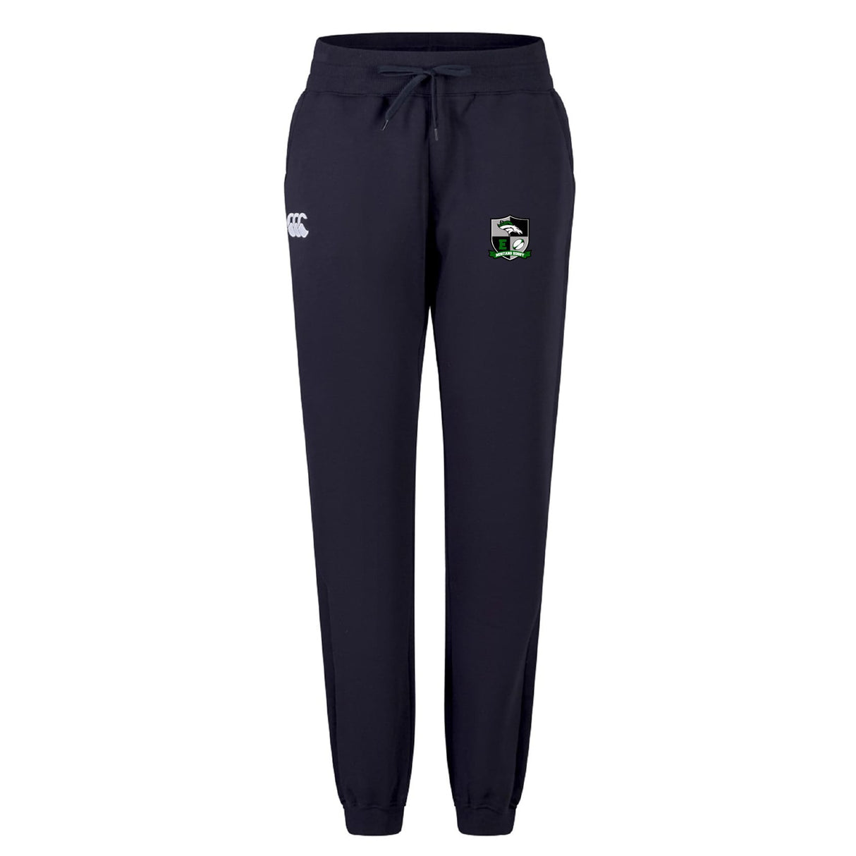 The Eagle High Mustangs Women's Leisure Sweatpant by EMB Canterbury features a navy blue design with drawstring waist, elastic cuffs, white logo on the left thigh, and green/white crest on the right—ideal for leisure or rugby style.