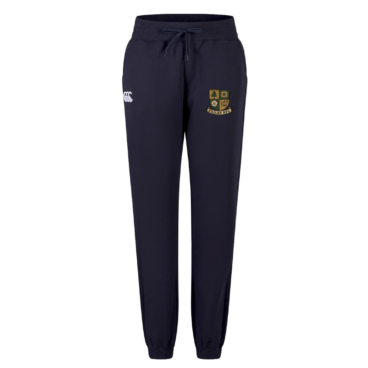 Exiles Rugby Football Club Women's Leisure Sweatpant by EMB Canterbury in navy blue, featuring a drawstring waist, elastic cuffs, and two embroidered logos on the upper thighs.