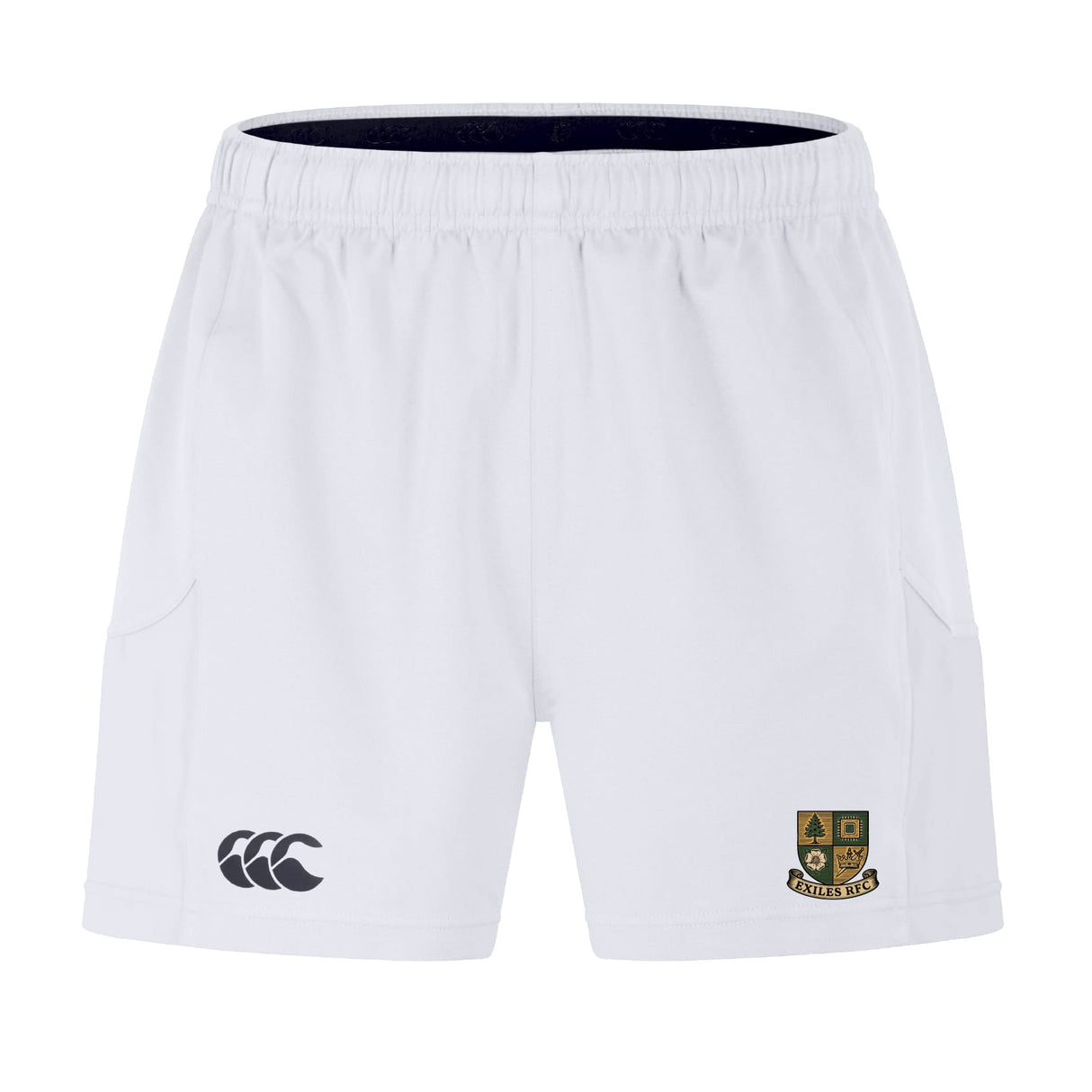 The Exiles Rugby Football Club Advantage Short 2.0 by EMB Canterbury are white recycled performance shorts with an elastic waistband, the Canterbury logo on the left leg, and a crest with "Exiles RFC" text on the right leg.