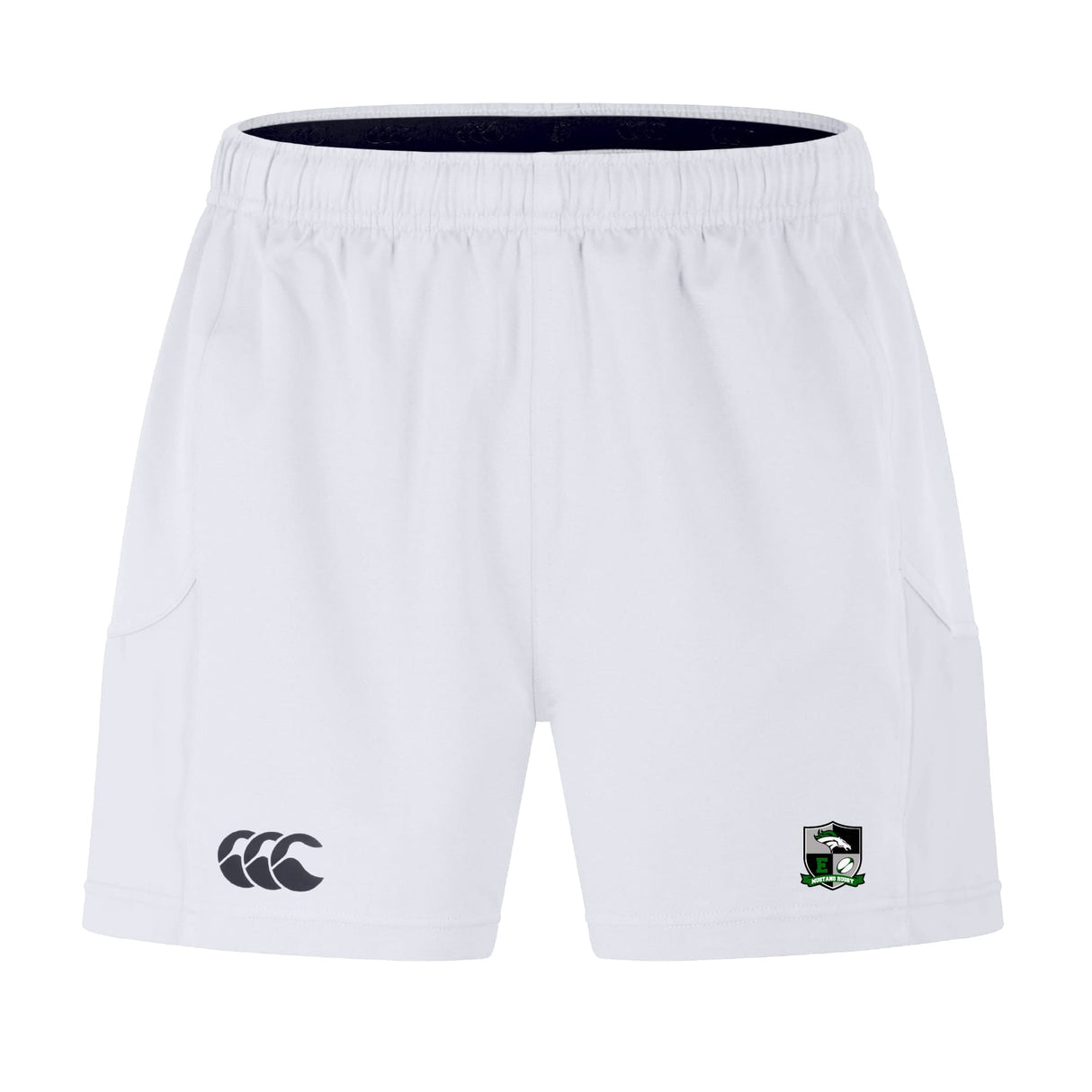 The Eagle High Mustangs Advantage Short 2.0 by EMB Canterbury features an elastic waistband, side pockets, a black Canterbury logo on the left leg, and a green Eagle High Mustangs crest on the right. Made with recycled content.