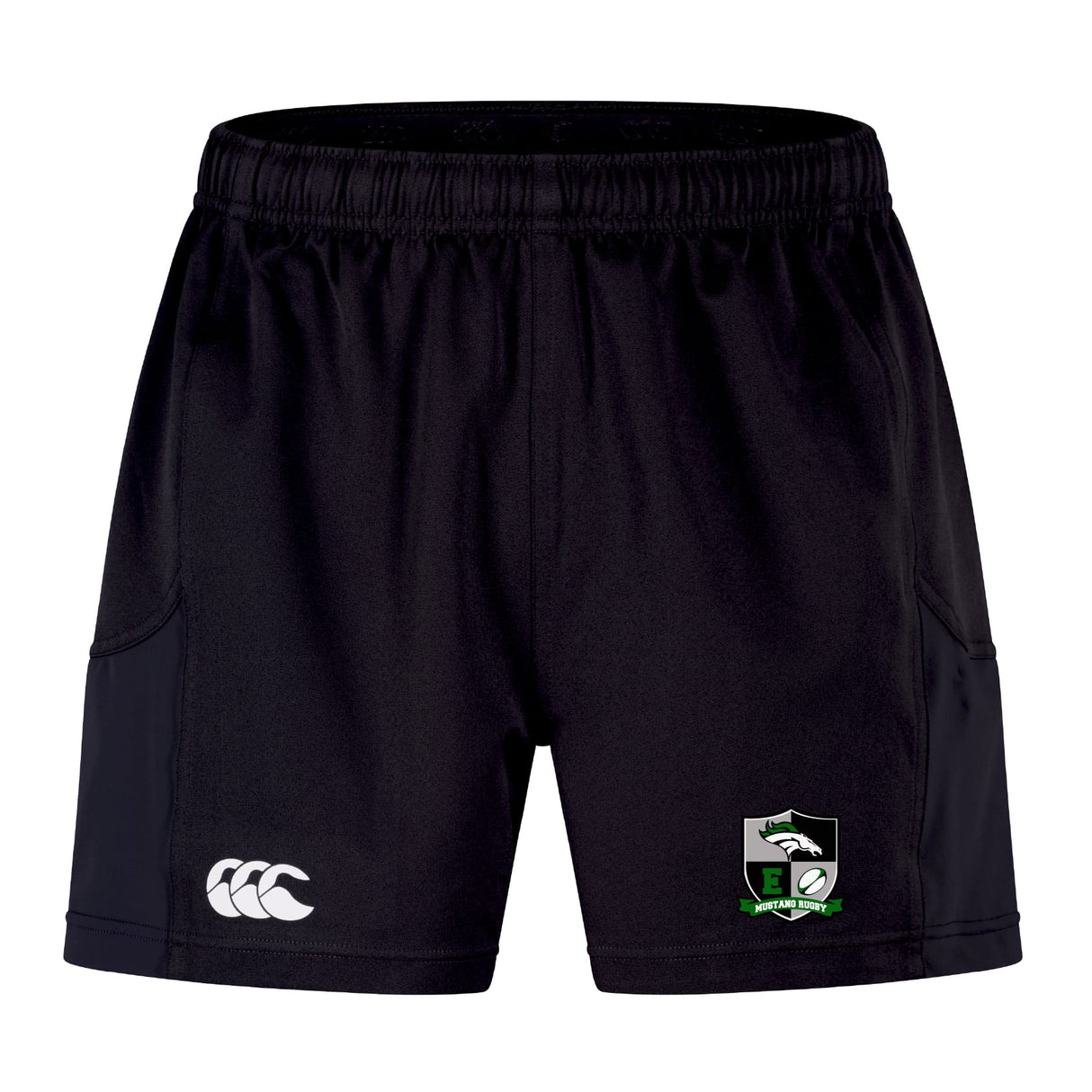 The Eagle High Mustangs Advantage Short 2.0 by EMB Canterbury features an elastic waistband, a white Canterbury logo on the left leg, and a green/black team crest on the right leg, made from recycled materials for eco-friendly comfort.