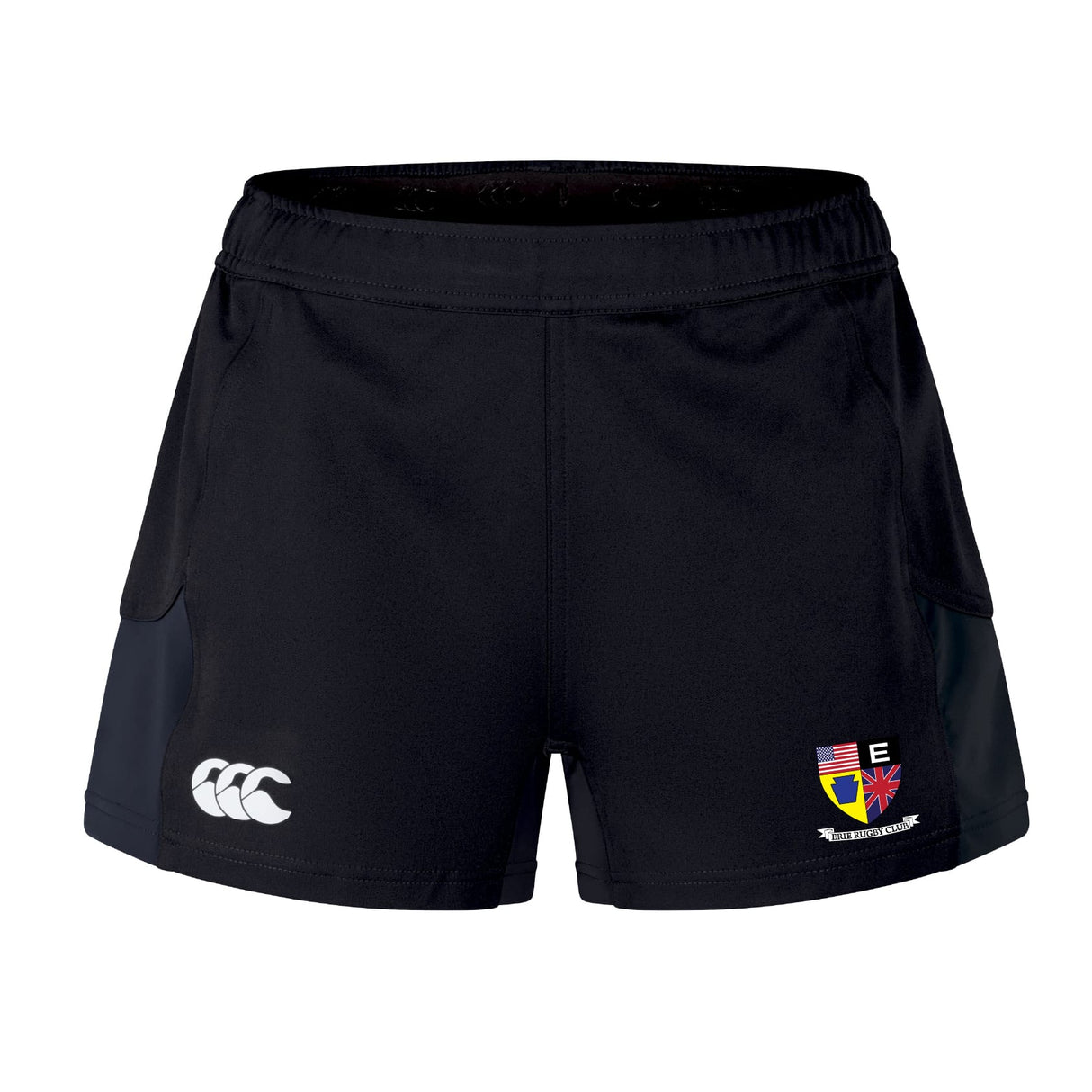 The Erie Rugby Club Women's Advantage Short 2.0 by EMB Canterbury features a white Canterbury logo left leg and a multicolored "E" crest right leg, offering stylish, functional performance for active women.