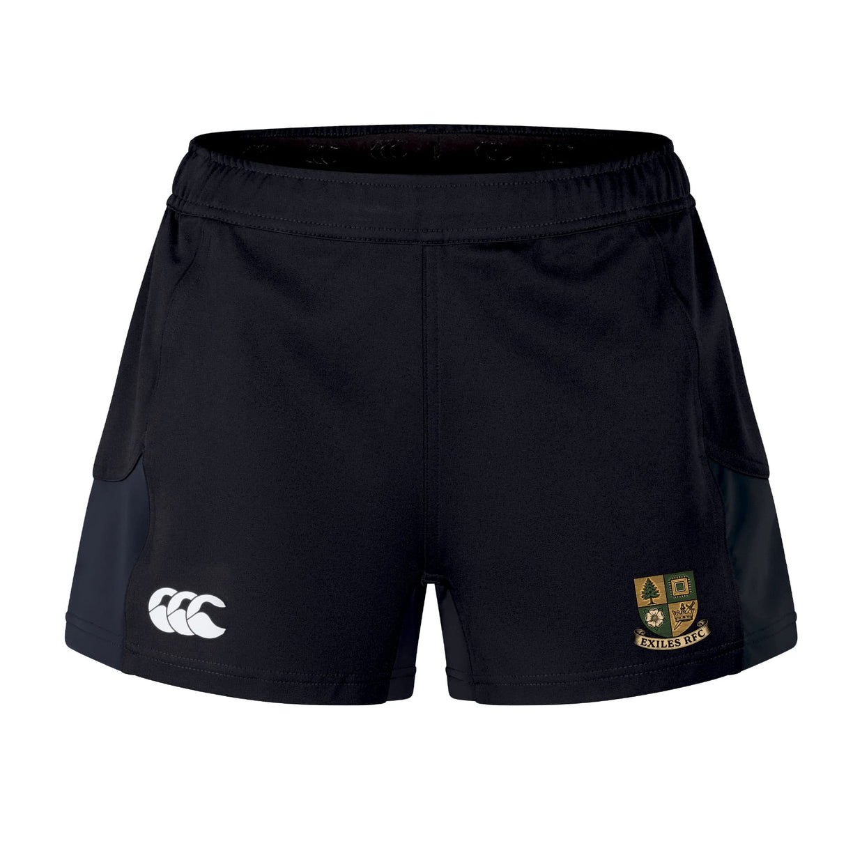 The Exiles Rugby Football Club Women's Advantage Short 2.0 by EMB Canterbury features recycled black fabric, a white Canterbury logo on the left leg, and a green and gold embroidered crest on the right—ideal eco-friendly sportswear.