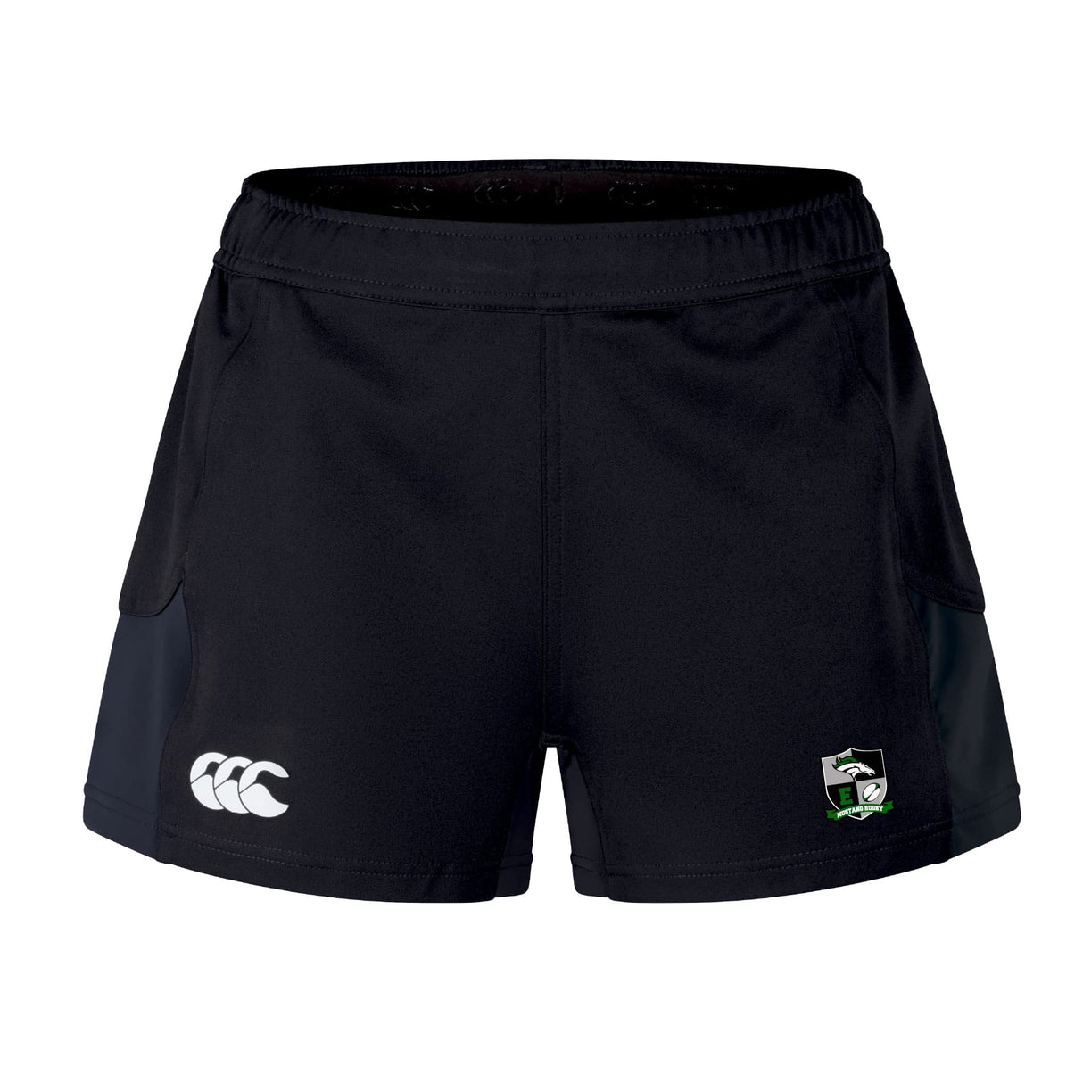 The Eagle High Mustangs Women's Advantage Short 2.0 by EMB Canterbury features the Canterbury logo on the left leg and team crest on the right, crafted as sustainable athletic shorts and shown against a white background.