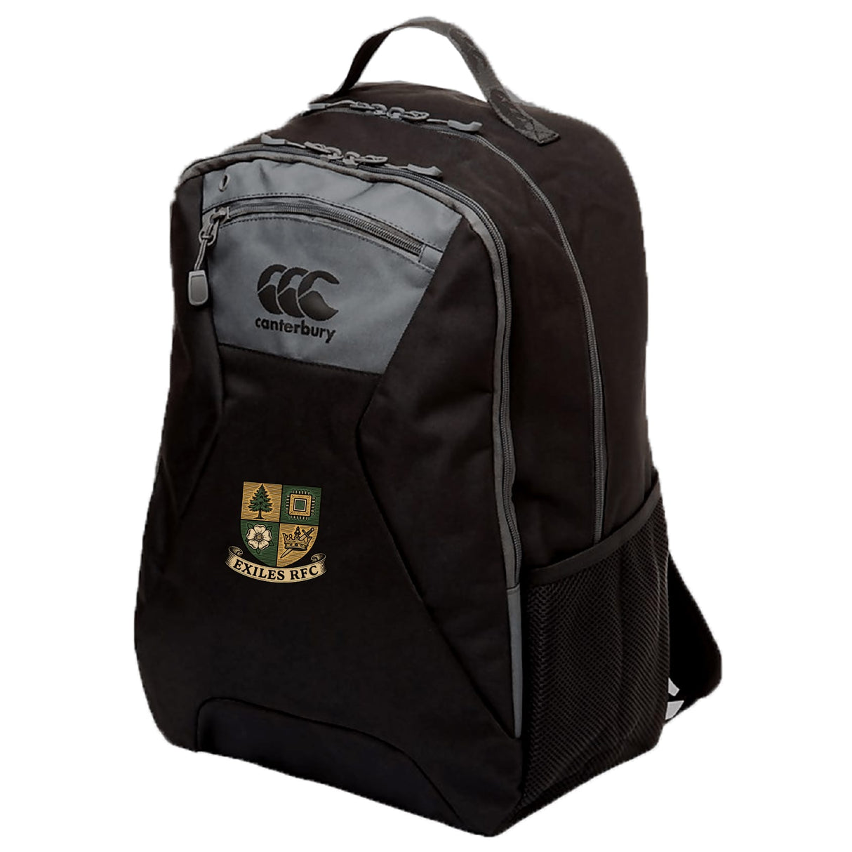 The Exiles Rugby Football Club Medium Backpack by Canterbury features two zippered compartments, a padded laptop pocket, side mesh pocket, and the Exiles RFC crest on the front. Brand: EMB Canterbury.