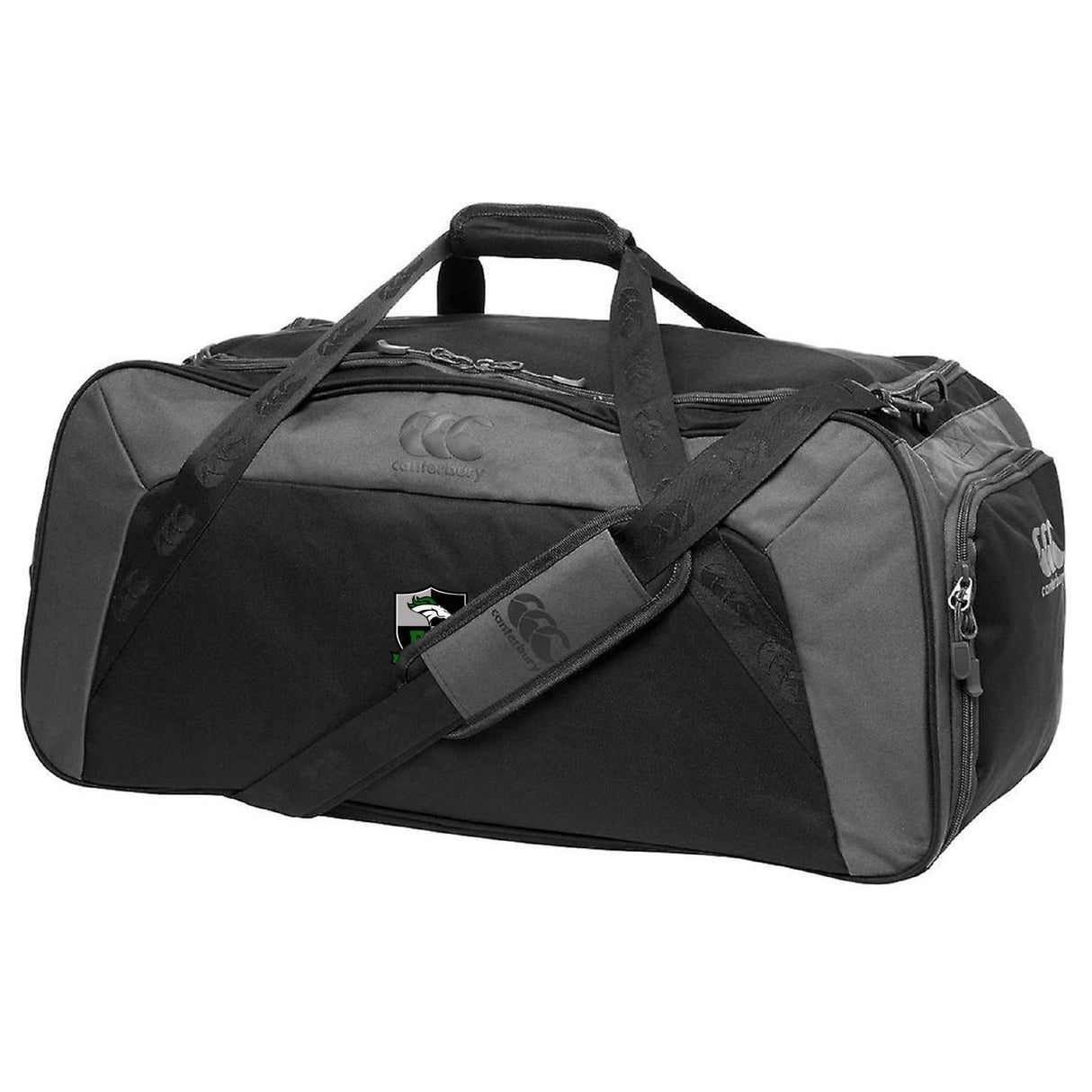 Carry your gear in style with the EMB Canterbury Eagle High Mustangs Holdall Duffle Bag—black and gray, with shoulder straps, a top handle, and the iconic logo on the side.