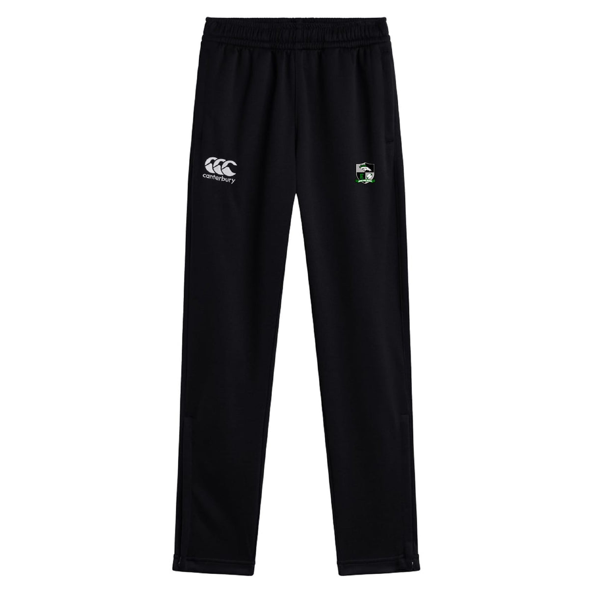 The Eagle High Mustangs Stretch Tapered Pant by EMB Canterbury features an elastic waistband, Canterbury logo, and embroidered badge—comfortable and stylish men's track pants ideal for workouts.