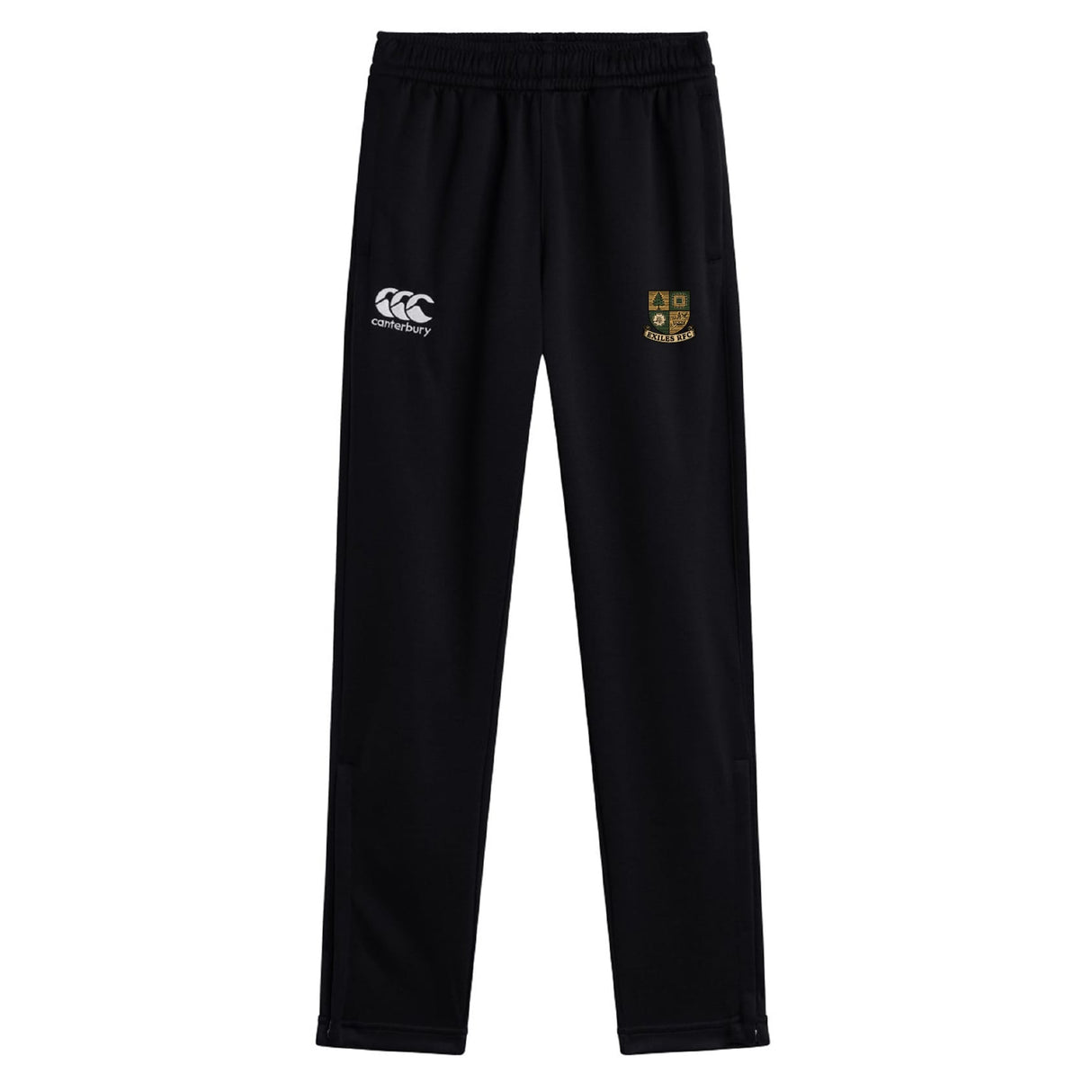 The Exiles Rugby Football Club Stretch Tapered Pant by EMB Canterbury features an elastic waistband, quick-dry fabric, and two embroidered logos (white and multicolored) on the front. Laid flat on a white background.