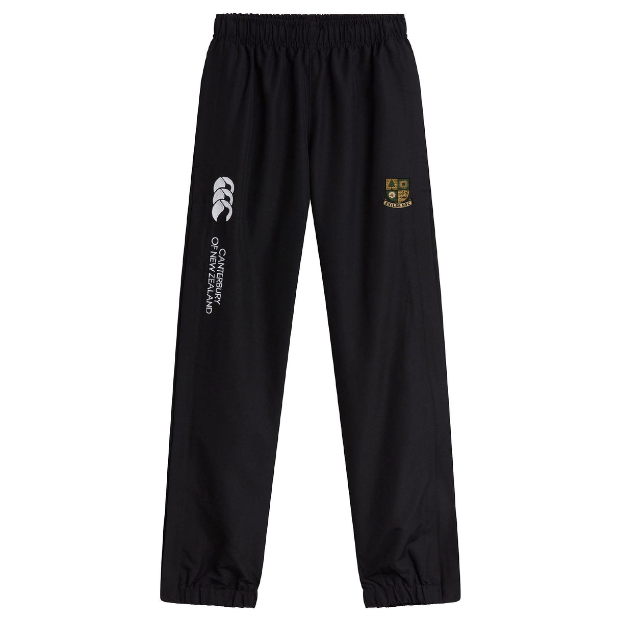 The Exiles Rugby Football Club Cuffed Hem Stadium Pant by EMB Canterbury features an elastic waistband, cuffed hem, white branding, and a yellow-green embroidered crest on the upper left leg.