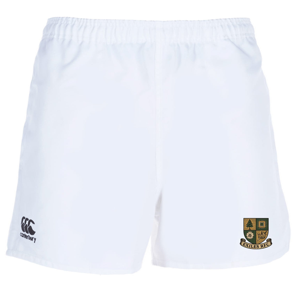 The EMB Canterbury Exiles Rugby Football Club Professional Polyester Rugby Shorts feature the Canterbury logo on the left leg and a multicolored Exiles RFC crest on the right, combining comfort and style for both on and off the pitch.