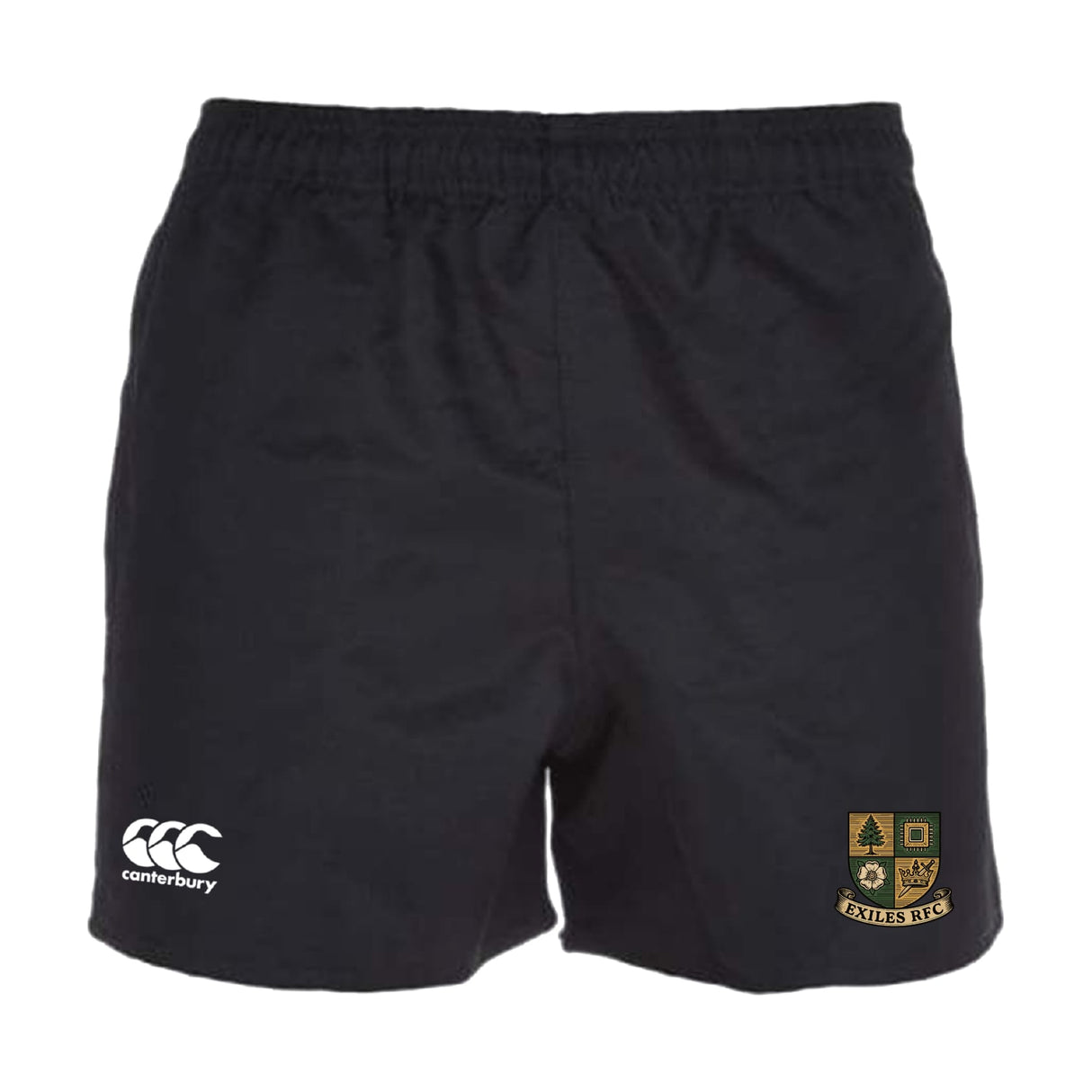 The Exiles Rugby Football Club Professional Polyester Rugby Short by EMB Canterbury features an elastic waistband, white Canterbury logo on the left leg, green and gold Exiles RFC crest on the right, and is made from durable polyester for lasting performance.