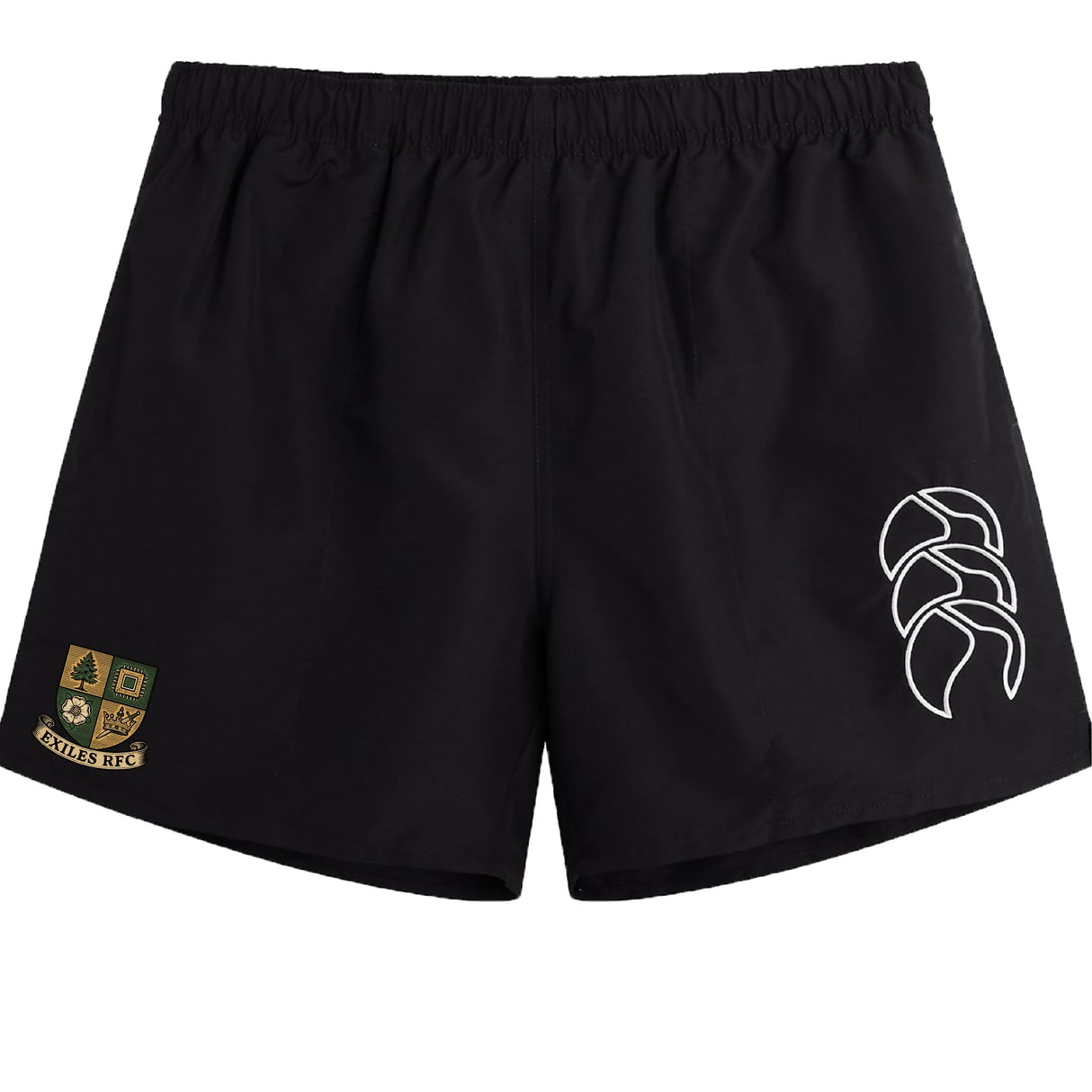 The Exiles Rugby Football Club Tactic Short by EMB Canterbury is a black pair of rugby shorts with a white Canterbury logo on the right leg and a gold and green shield emblem on the left.