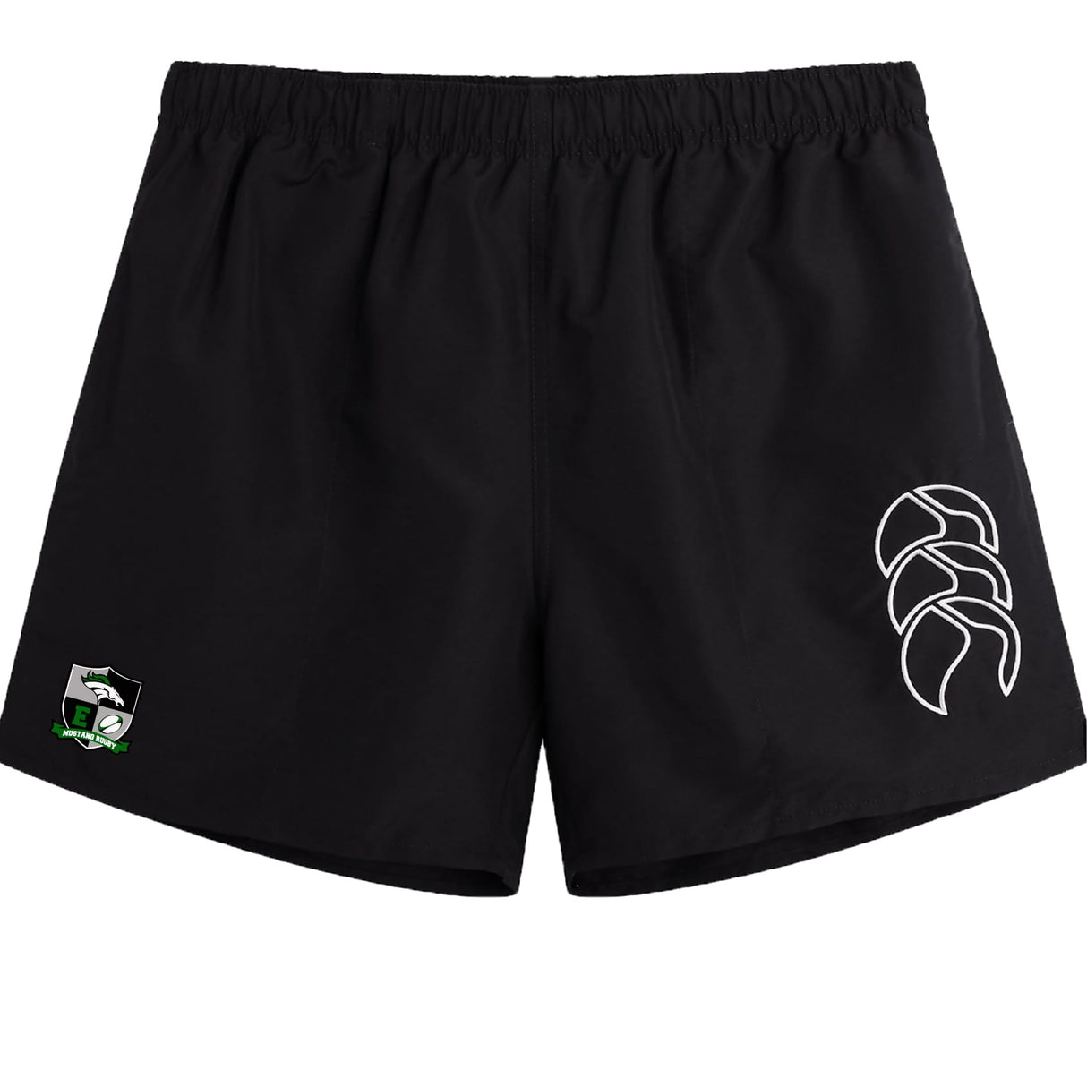 The EMB Canterbury Eagle High Mustangs Tactic Short features an elastic waistband, white logo right side, and a green-detailed crest left leg—ideal men’s training shorts for comfort and performance.