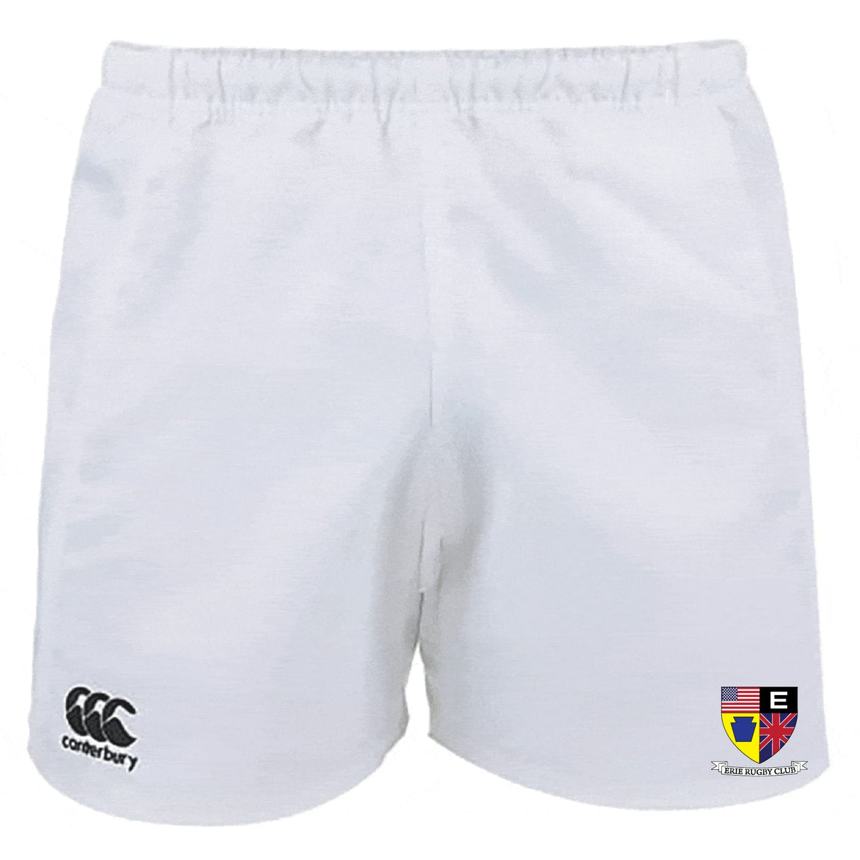 The Erie Rugby Club Advantage Rugby Shorts by EMB Canterbury feature an elastic waistband, moisture-wicking fabric, the Canterbury logo on the left leg, and a club crest on the right for cool comfort during every match.