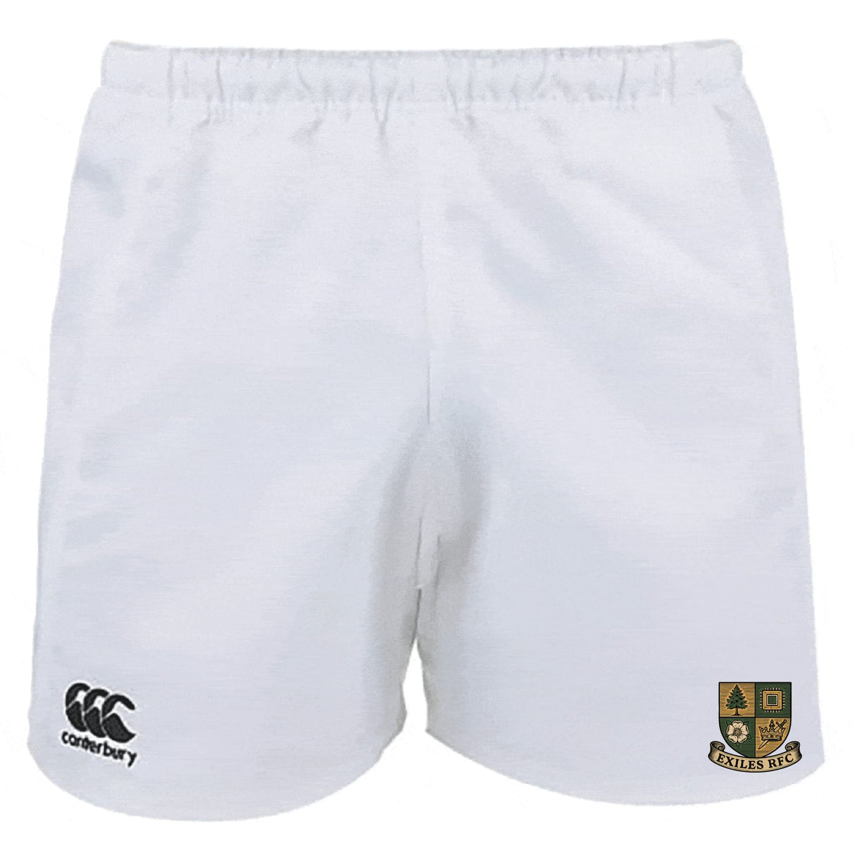 The Exiles Rugby Football Club Advantage Rugby Shorts by Canterbury feature an elastic waistband, Canterbury logo on the left leg, and club crest on the right—ideal for rugby training or match days. Brand: EMB Canterbury.