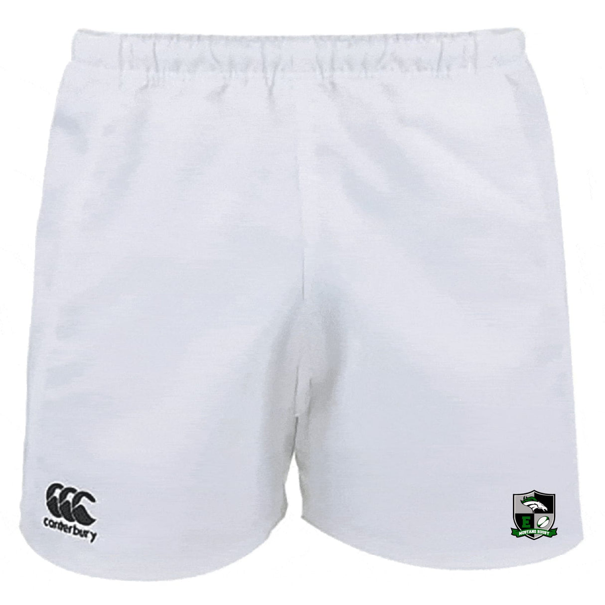 The Eagle High Mustangs Advantage Rugby Shorts by EMB Canterbury feature moisture-wicking fabric, the Canterbury logo on the left leg, and a football-and-shield crest on the right—ideal for athletic performance.