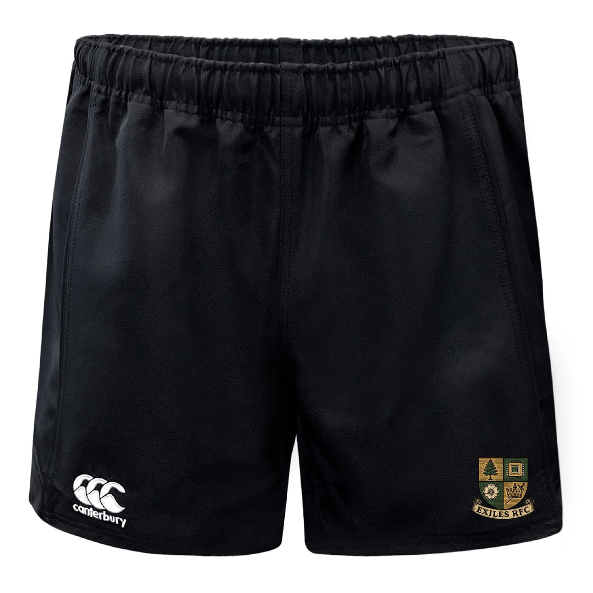 Exiles Rugby Football Club Advantage Rugby Shorts by EMB Canterbury feature an elastic waistband, the Canterbury logo on the left leg, and the Exiles RFC crest on the right—designed for comfort and durability.