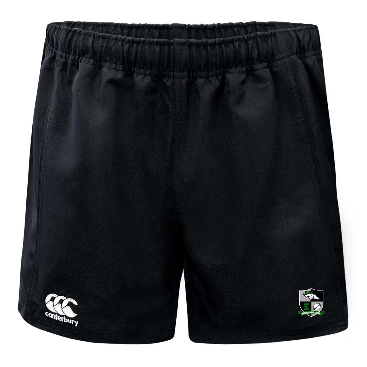 The Eagle High Mustangs Advantage Rugby Shorts by EMB Canterbury feature an elastic waistband, moisture-wicking fabric, and a green, black, and silver logo with white Canterbury branding on the front for lasting comfort on the field.
