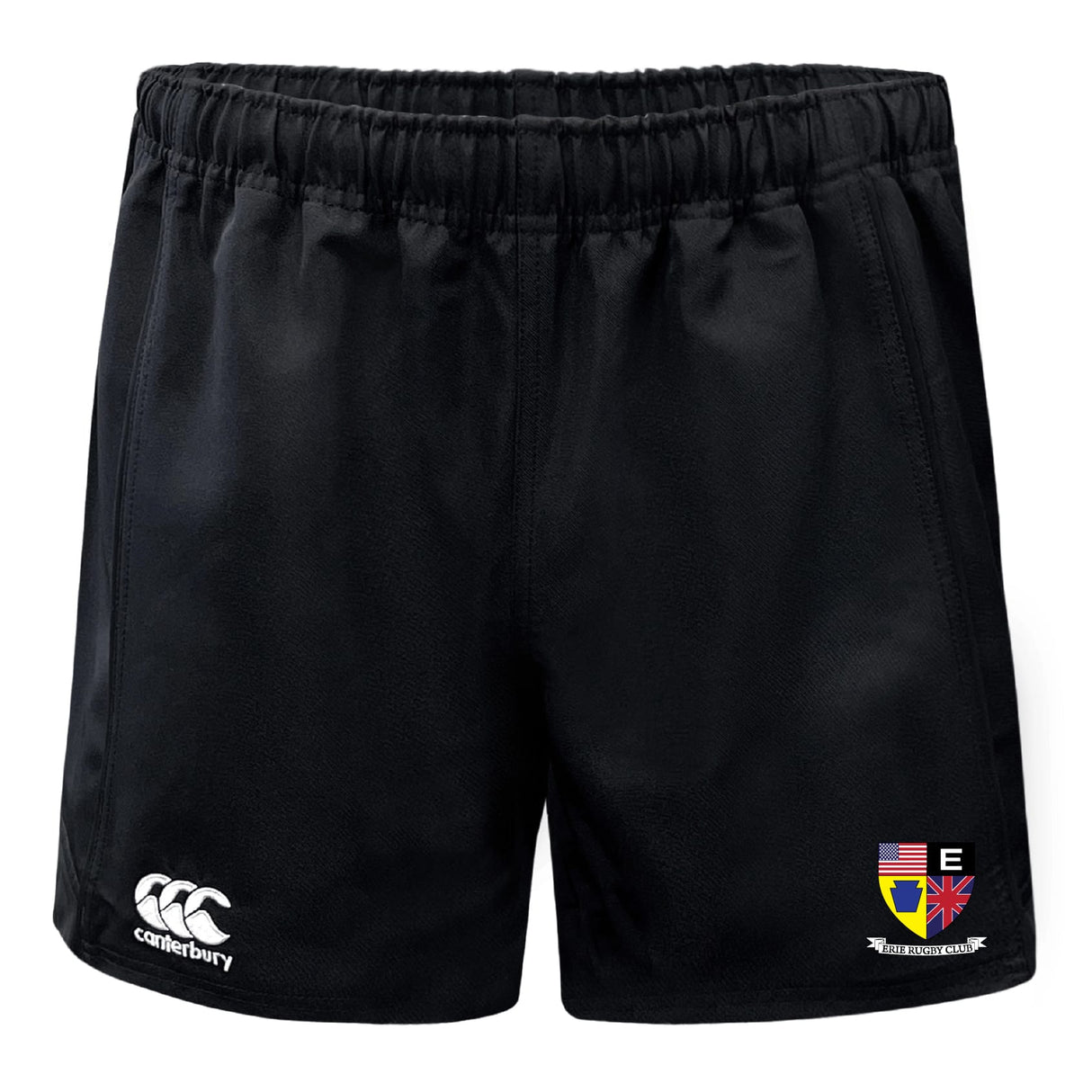 The Erie Rugby Club Advantage Rugby Shorts by EMB Canterbury feature an elastic waistband, moisture-wicking fabric, a Canterbury logo on the left leg, and a colorful Erie Rugby Club crest on the right.