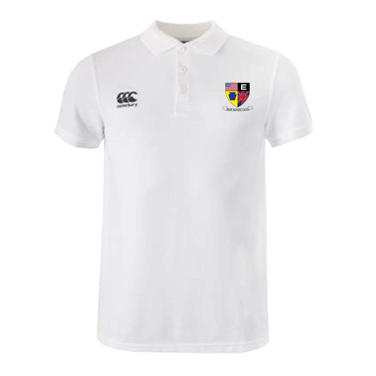 The EMB Canterbury Erie Rugby Club Waimak Polo is a white short-sleeve men's rugby shirt with the Canterbury logo on the right chest and a multicolored "E" Stamford Club crest on the left—perfect for any rugby polo collection.