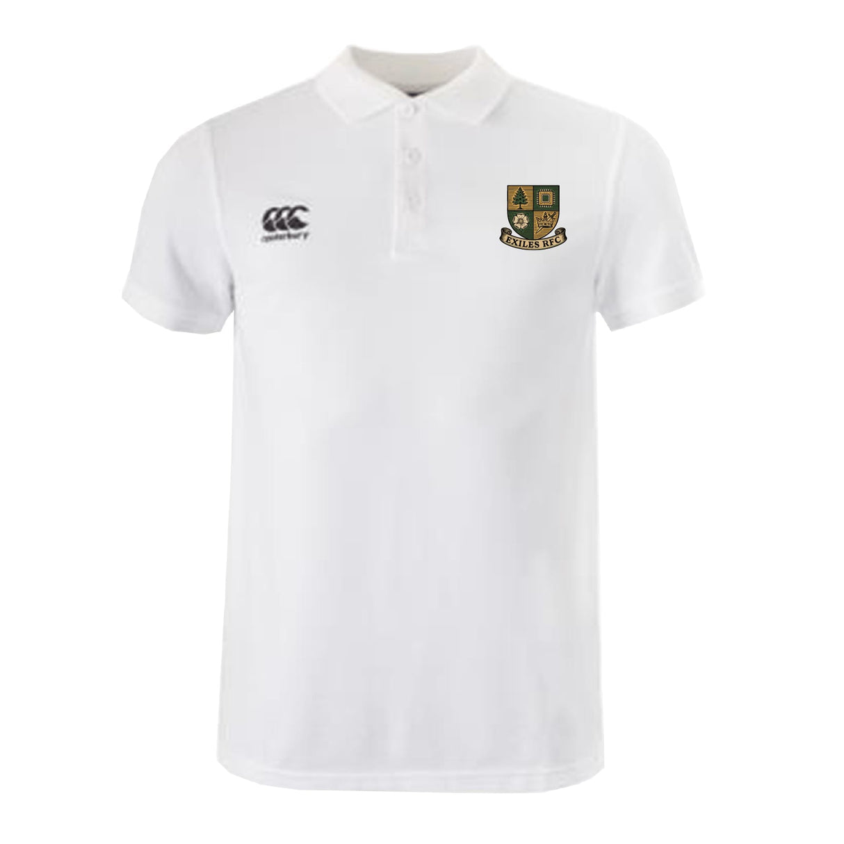 The Exiles Rugby Football Club Waimak Polo by EMB Canterbury is a white short-sleeved rugby polo with a collar, Canterbury logo on the right chest, and a multi-colored crest on the left—perfect for men's style and comfort.