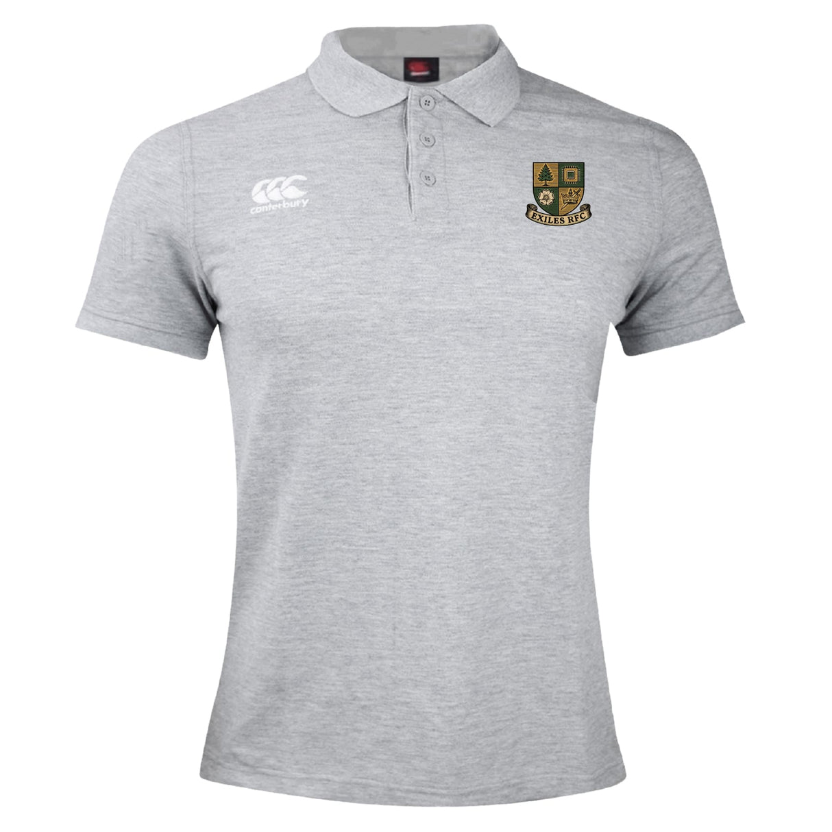 The Exiles Rugby Football Club Waimak Polo by EMB Canterbury is a light grey short-sleeved men's rugby shirt featuring a collar, button placket, embroidered crest on the left chest, and white Canterbury logo on the right.